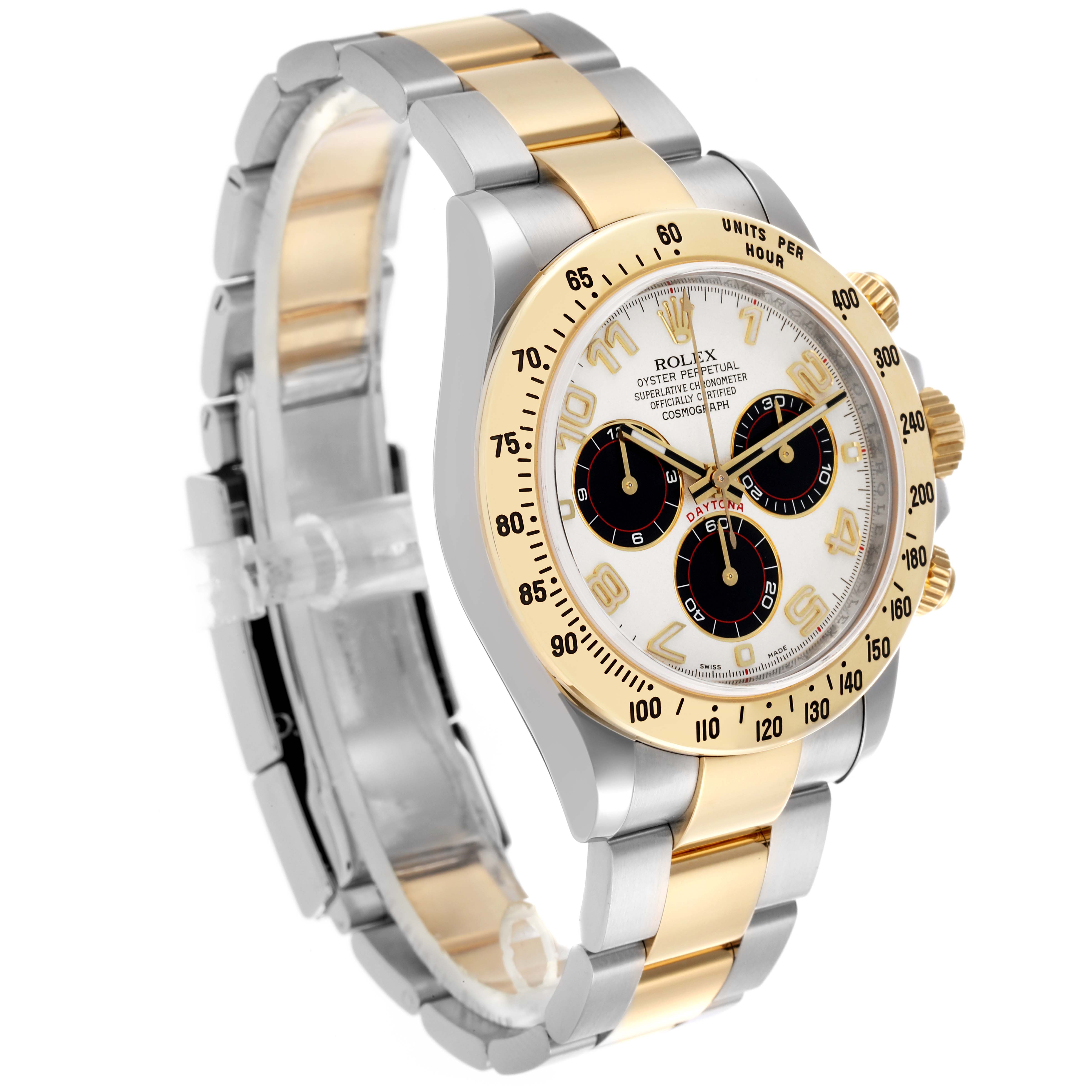 The Rolex Daytona 116523 Men's Steel and Gold (two tone) Silver Dial 116523 Men's Steel and Gold (two tone) Silver Dial is shown at a three-quarter angle highlighting the bracelet, bezel, and dial.
