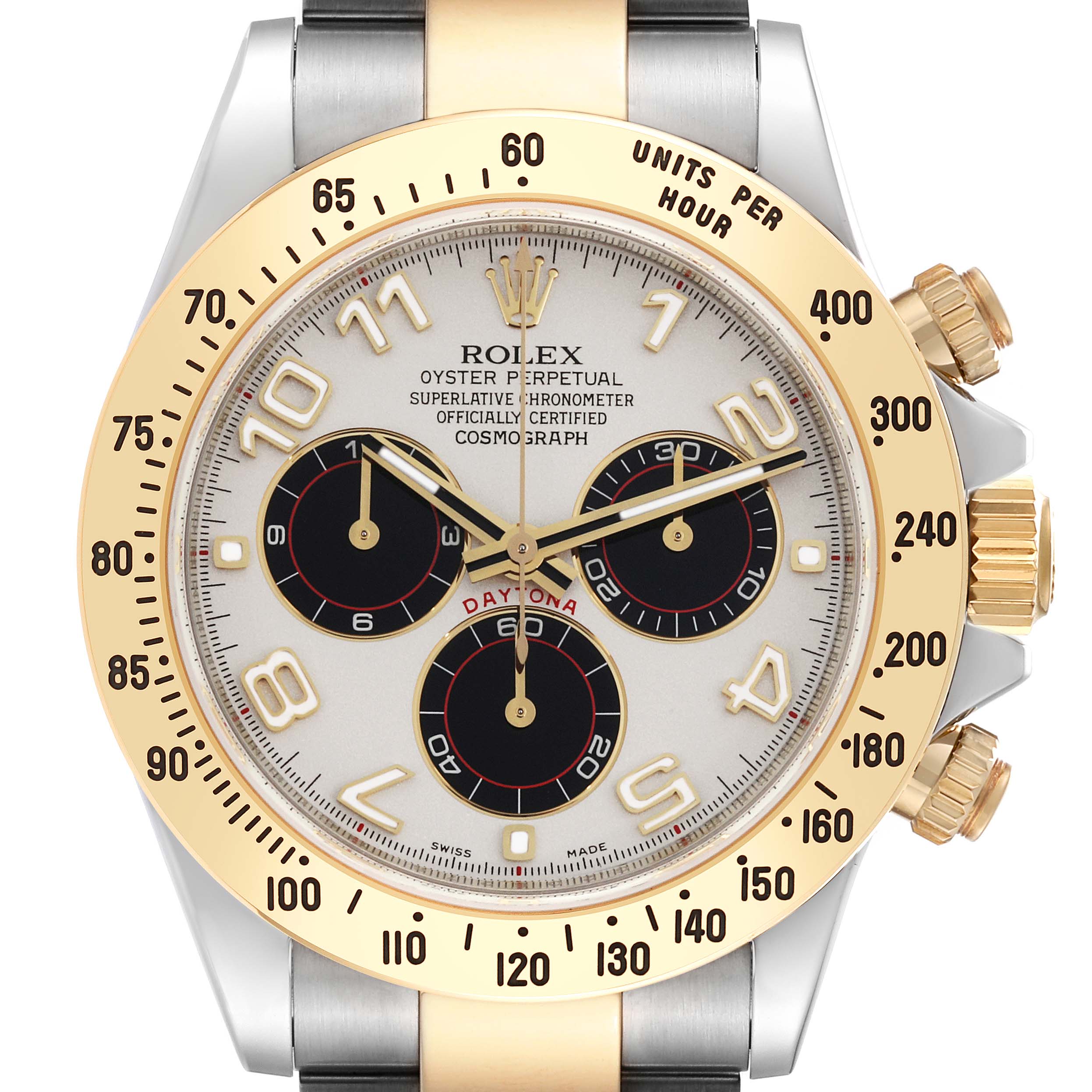 The Rolex Daytona 116523 Men's Steel and Gold (two tone) Silver Dial 116523 Men's Steel and Gold (two tone) Silver Dial watch is shown from the front, highlighting the dial, case, bezel, and part of the bracelet.