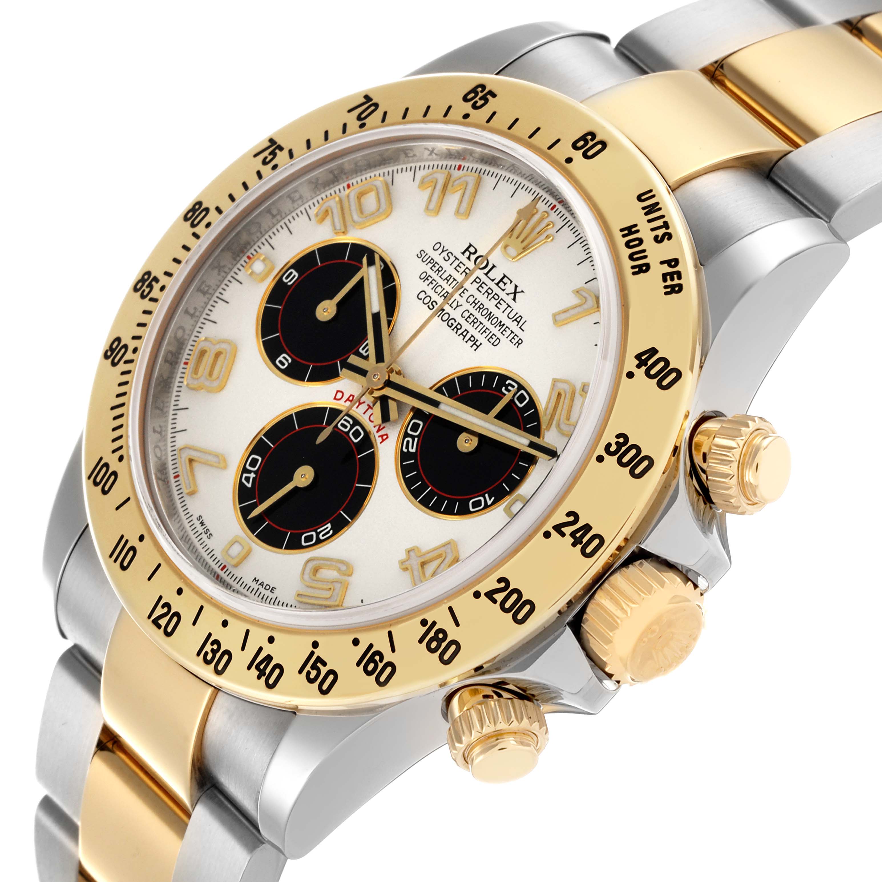 The Rolex Daytona 116523 Men's Steel and Gold (two tone) Silver Dial 116523 Men's Steel and Gold (two tone) Silver Dial watch is shown at an angle highlighting the dial, bezel, and side chronograph pushers.