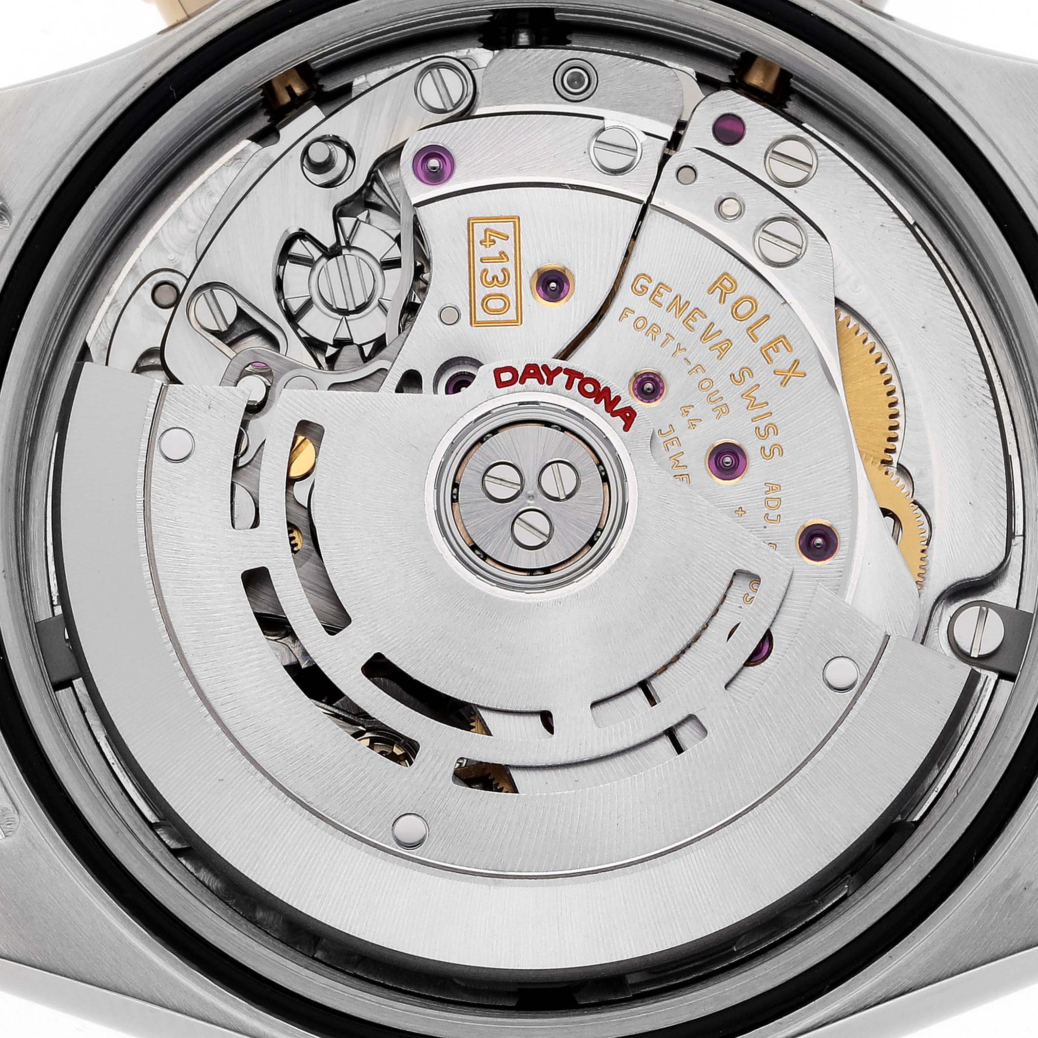 The image shows a close-up of the Rolex Daytona 116523 Men's Steel and Gold (two tone) Silver Dial 116523 Men's Steel and Gold (two tone) Silver Dial model's movement, highlighting the intricate internal mechanisms.