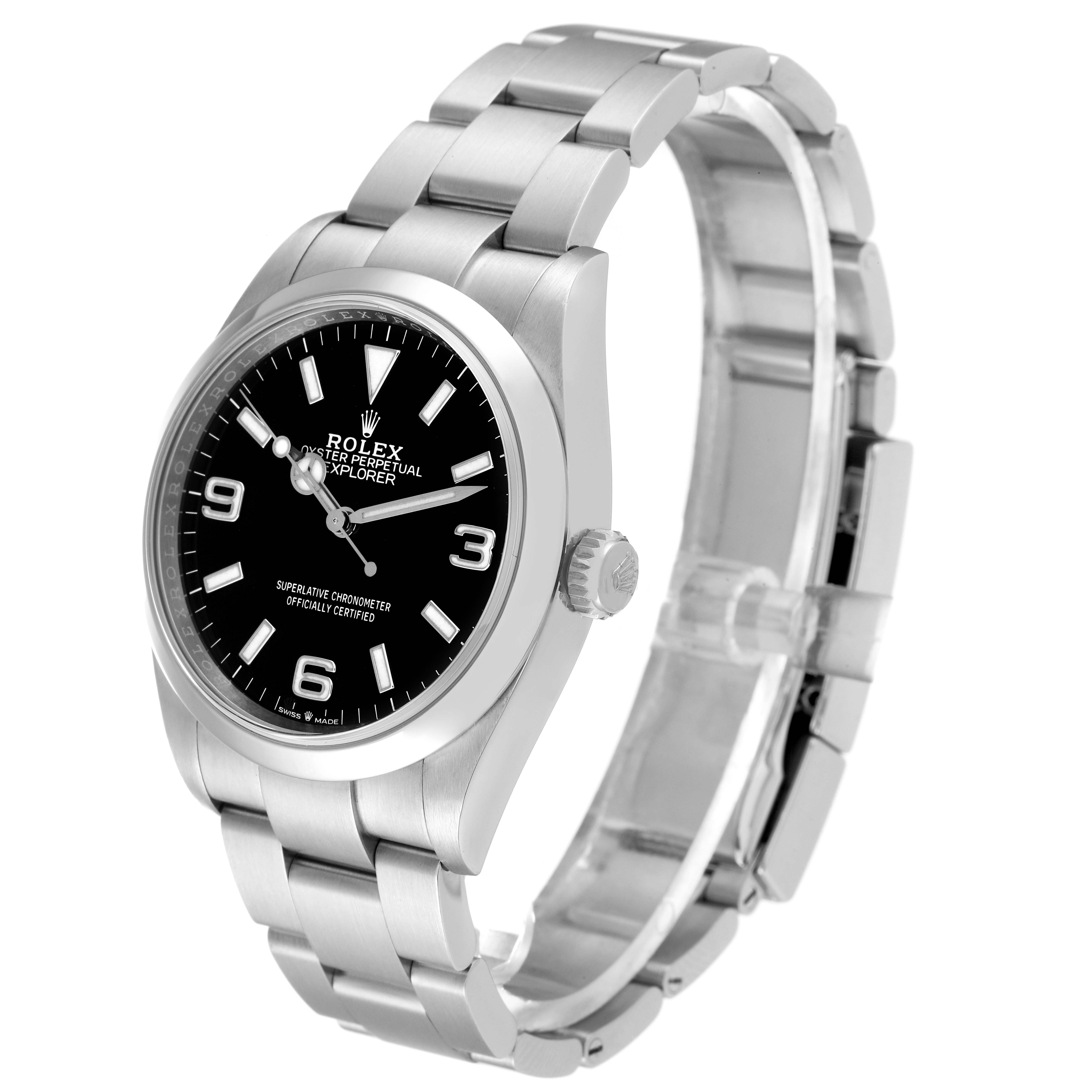 The Rolex Explorer 124270 Men
s Stainless Steel Black Dial 124270 Men
s Stainless Steel Black Dial watch is shown at a three-quarter angle, highlighting its stainless steel case, black dial, and link bracelet.