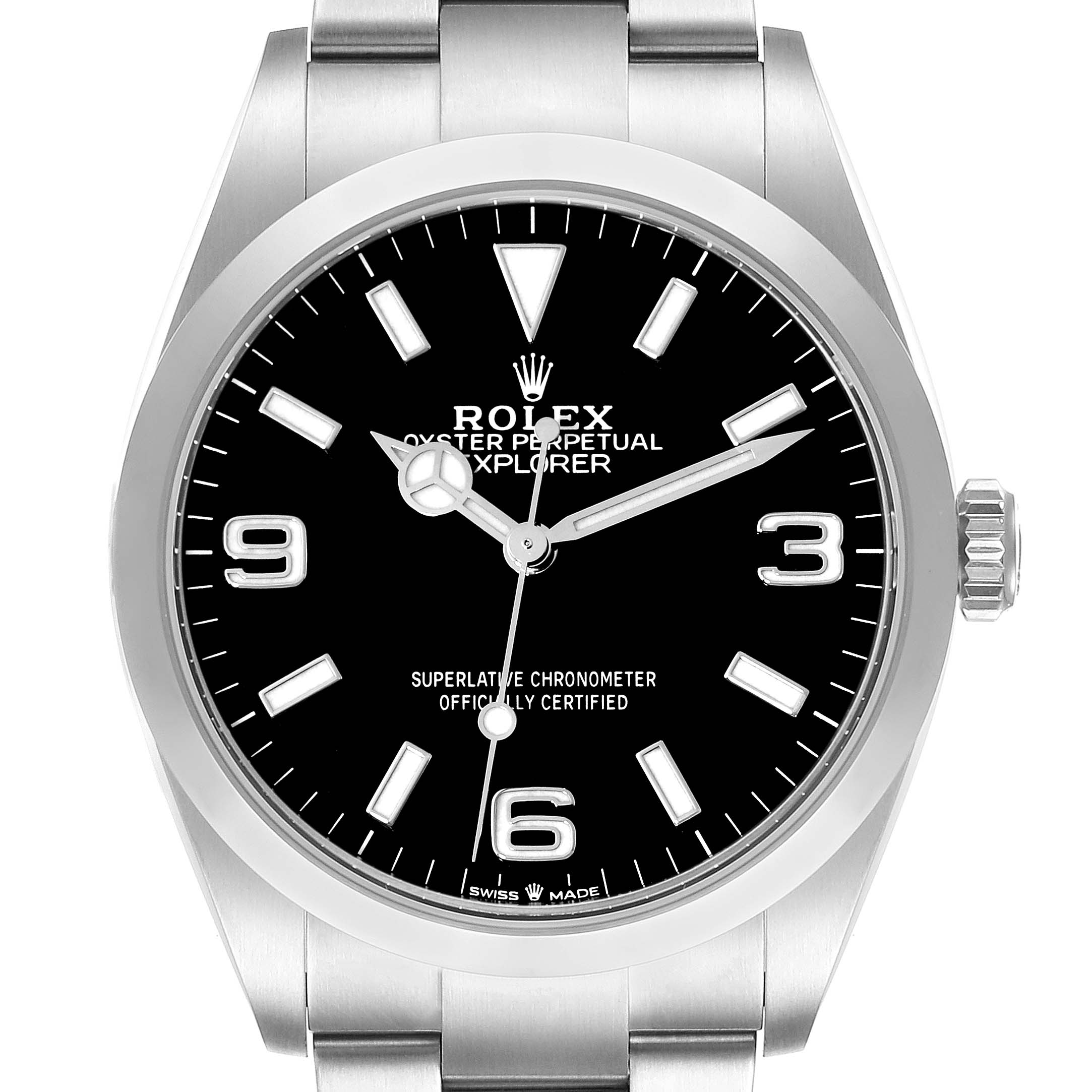 This image shows a front view of the Rolex Explorer 124270 Men
s Stainless Steel Black Dial 124270 Men
s Stainless Steel Black Dial watch, highlighting the dial, hands, and bracelet.