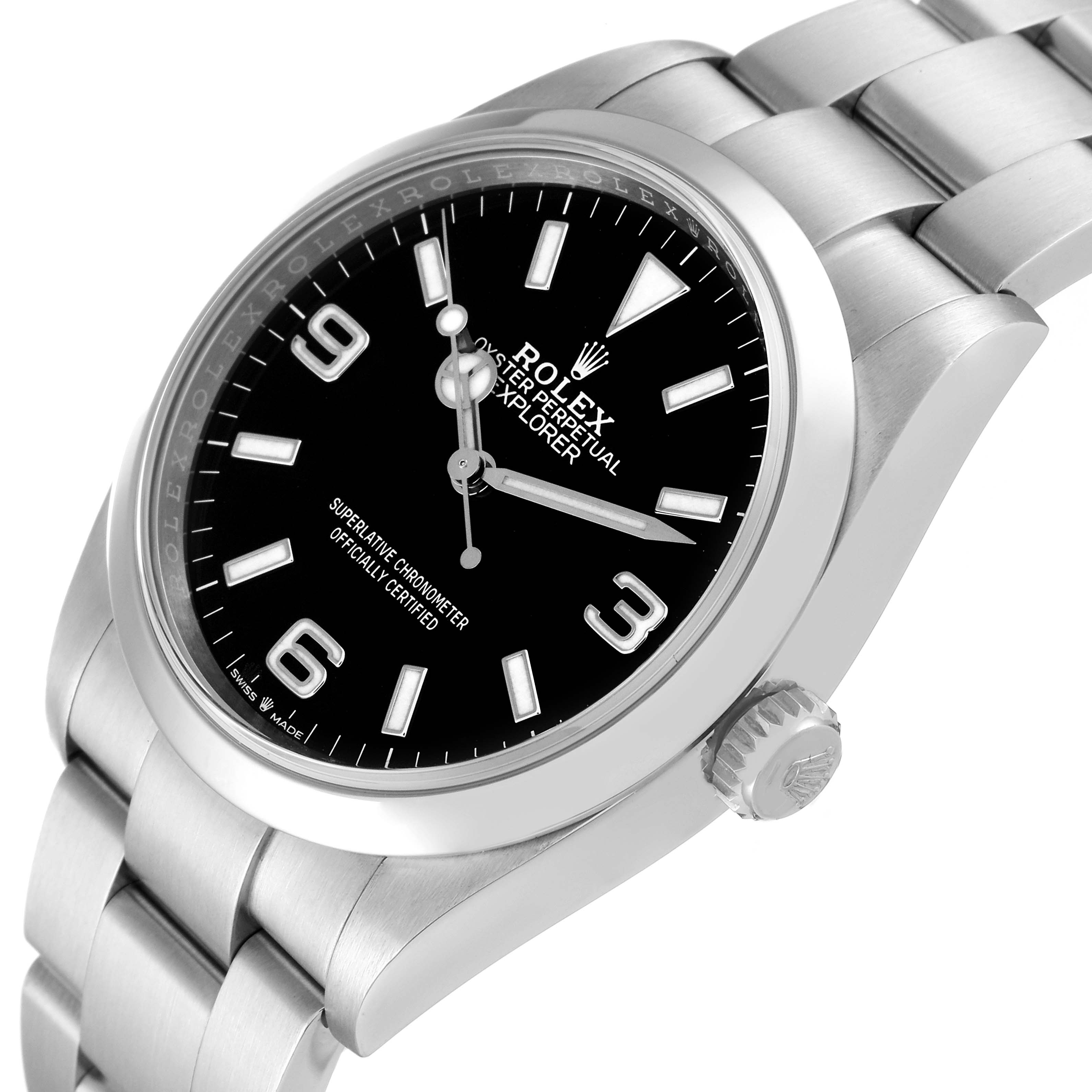 The image shows a close-up angle of a Rolex Explorer 124270 Men
s Stainless Steel Black Dial 124270 Men
s Stainless Steel Black Dial model, highlighting the dial, crown, and part of the bracelet.