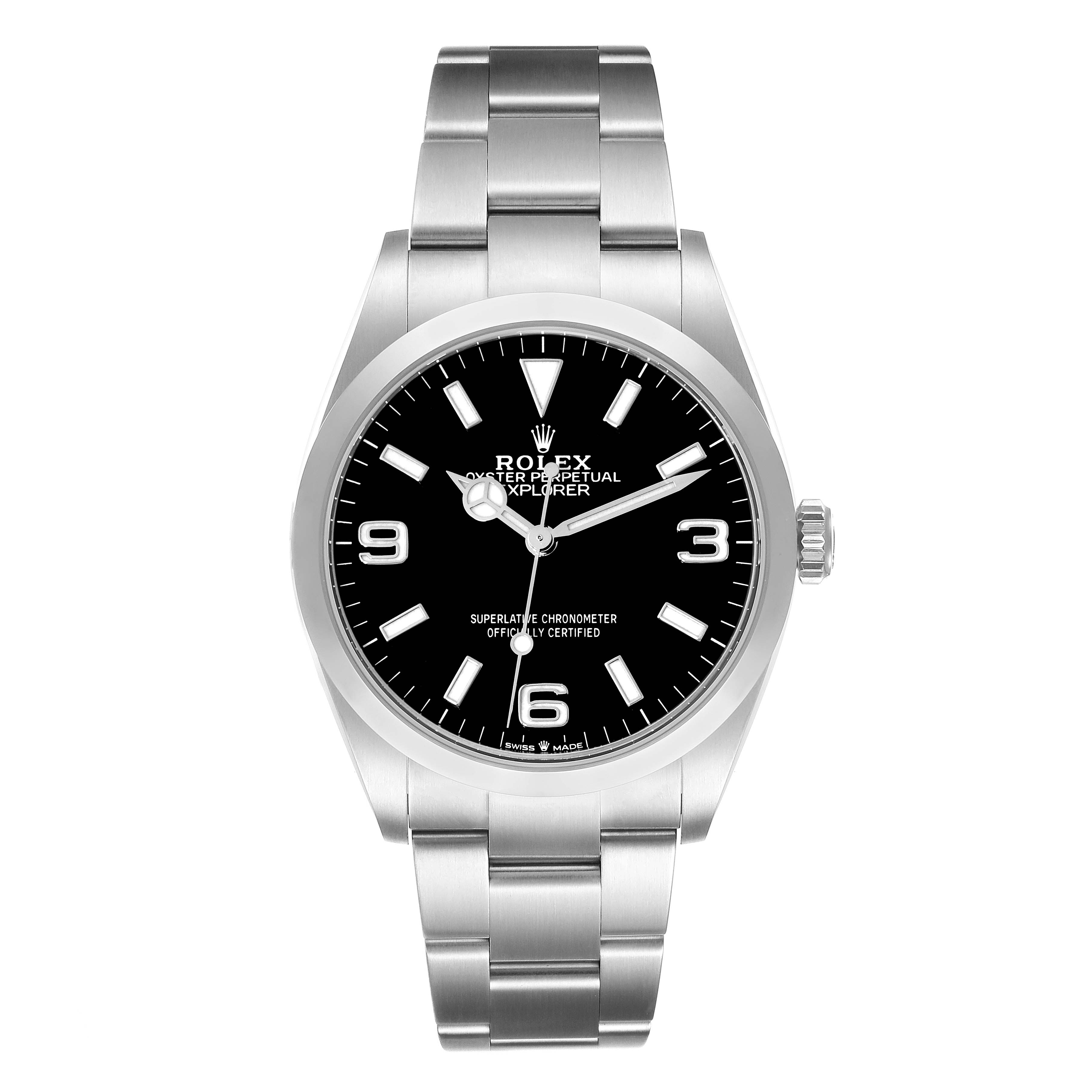 The image shows a front view of the Rolex Explorer 124270 Men
s Stainless Steel Black Dial 124270 Men
s Stainless Steel Black Dial watch, featuring its black dial, silver indices, and stainless steel bracelet.