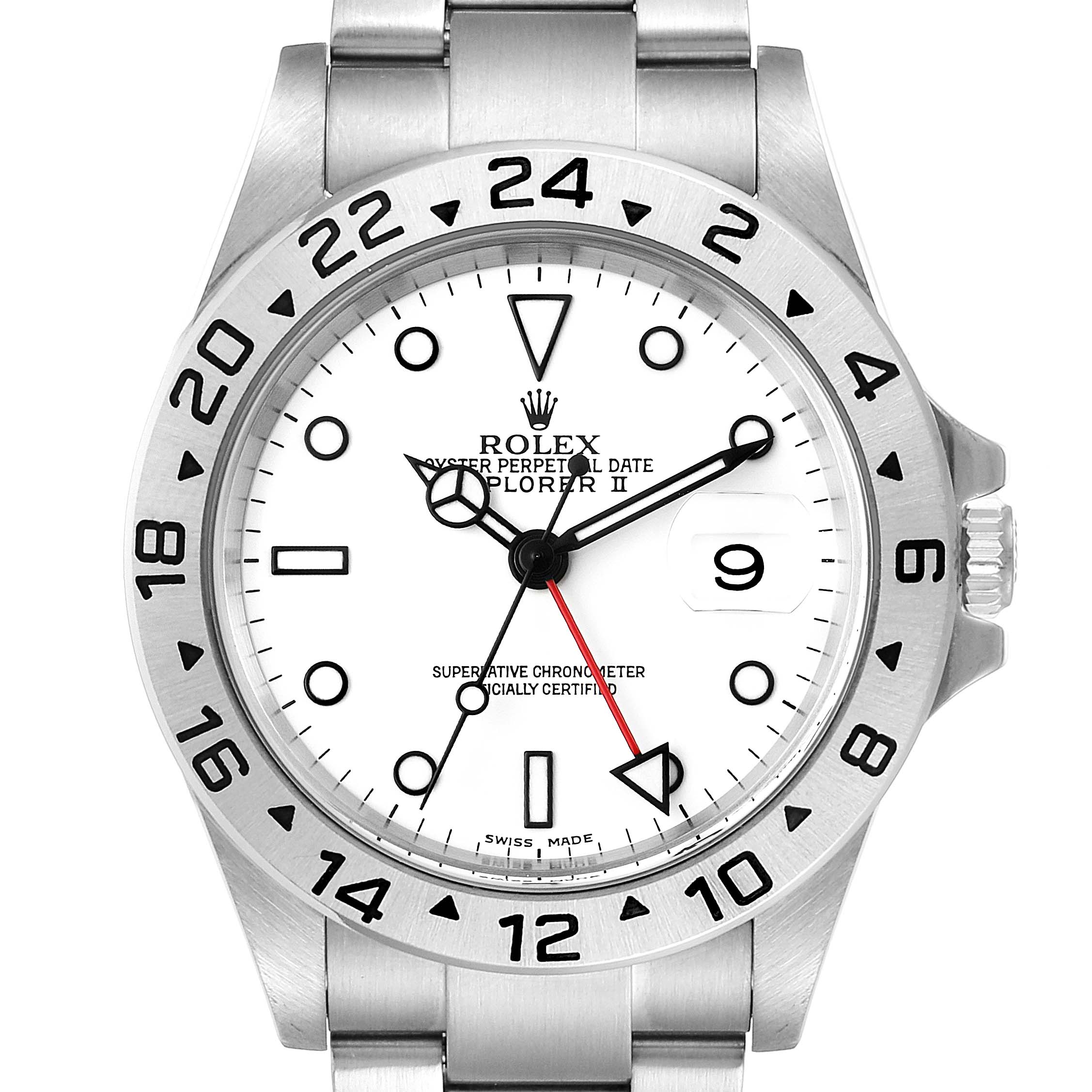 The image shows a frontal view of a Rolex Explorer 16570 Men
s Stainless Steel White Dial 16570 Men
s Stainless Steel White Dial watch, displaying the dial, bezel, and part of the bracelet.