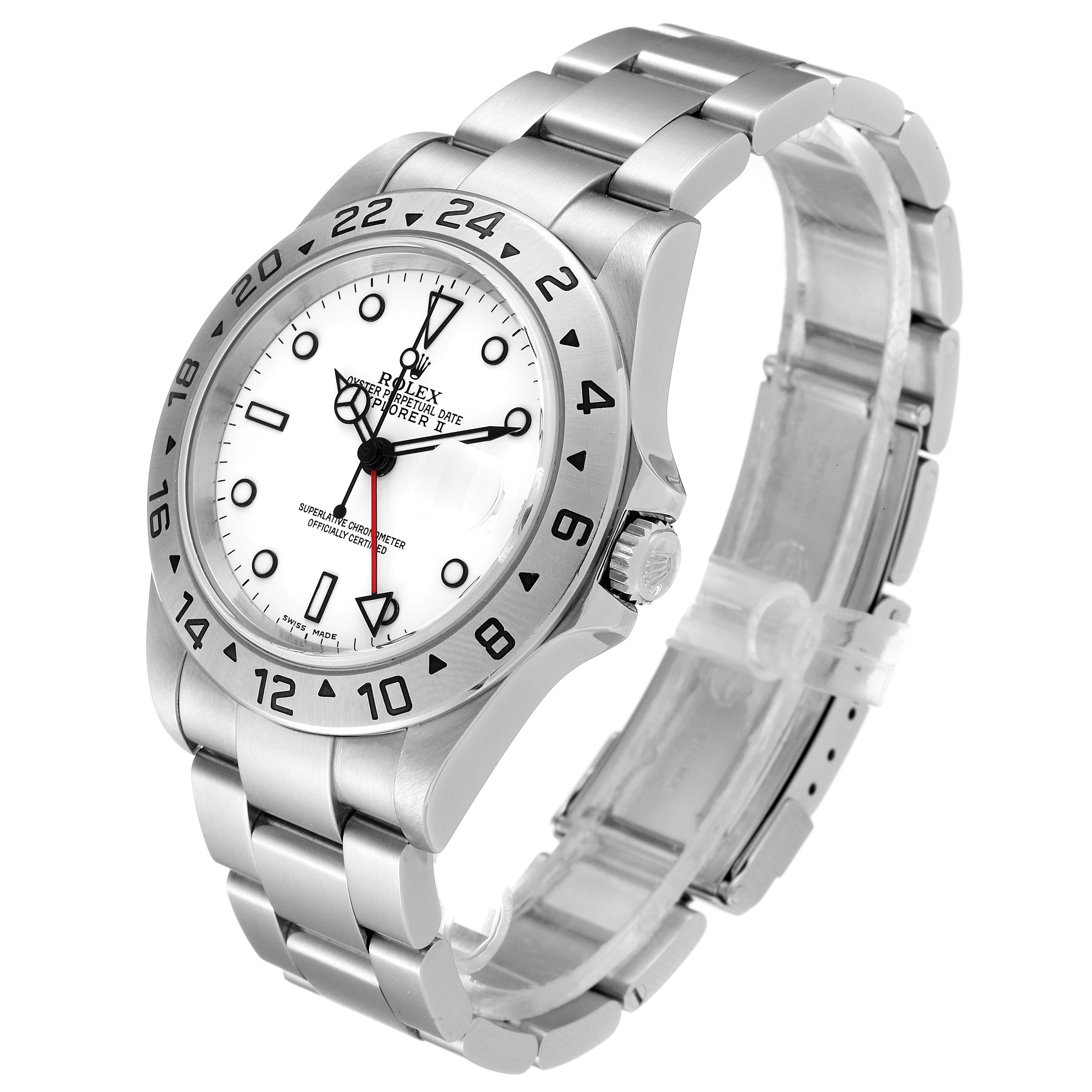The Rolex Explorer 16570 Men
s Stainless Steel White Dial 16570 Men
s Stainless Steel White Dial watch is shown at a three-quarter angle, displaying the dial, bezel, crown, and bracelet.