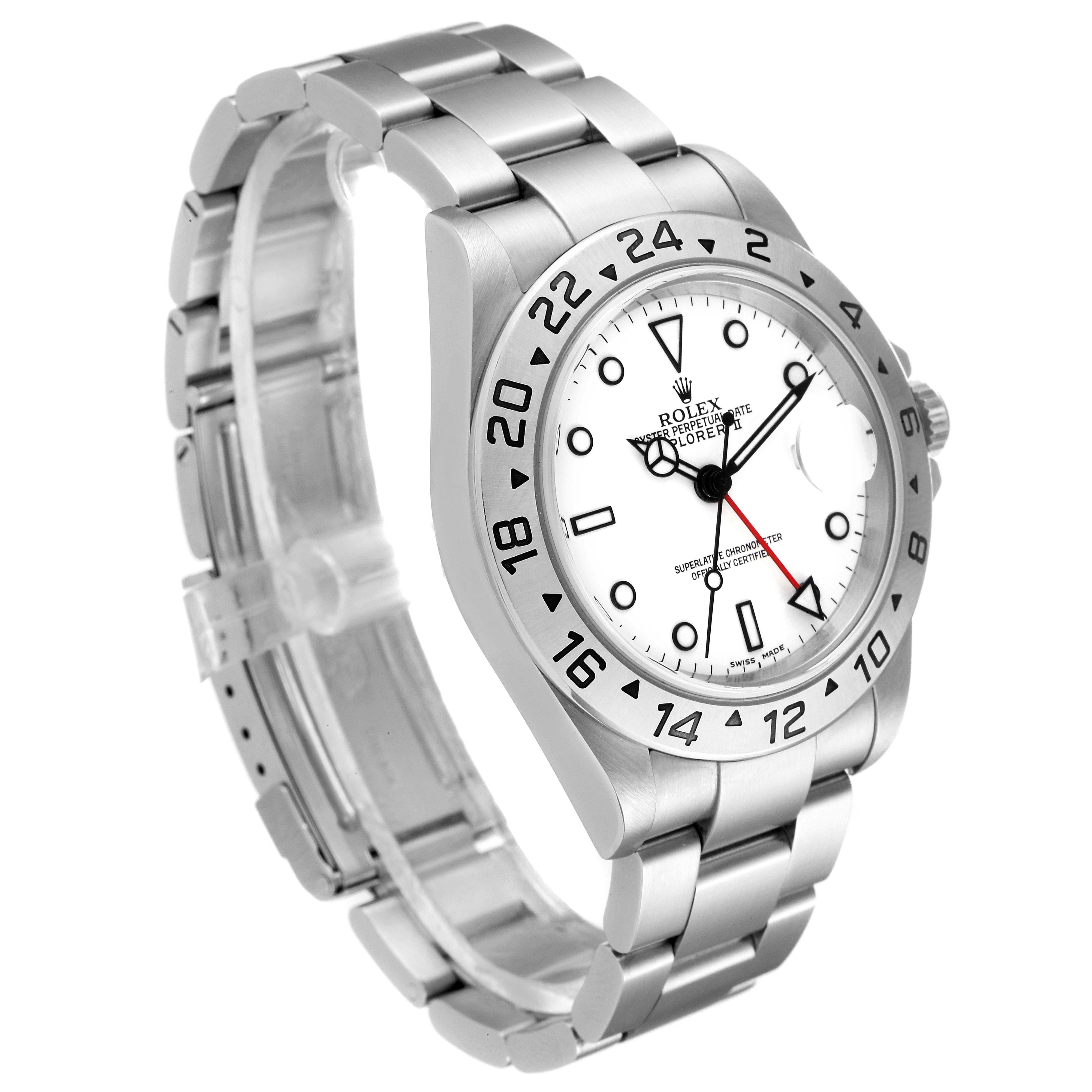 This image shows a Rolex Explorer 16570 Men
s Stainless Steel White Dial 16570 Men
s Stainless Steel White Dial watch from a front-side angle, highlighting its dial, bezel, crown, and bracelet.