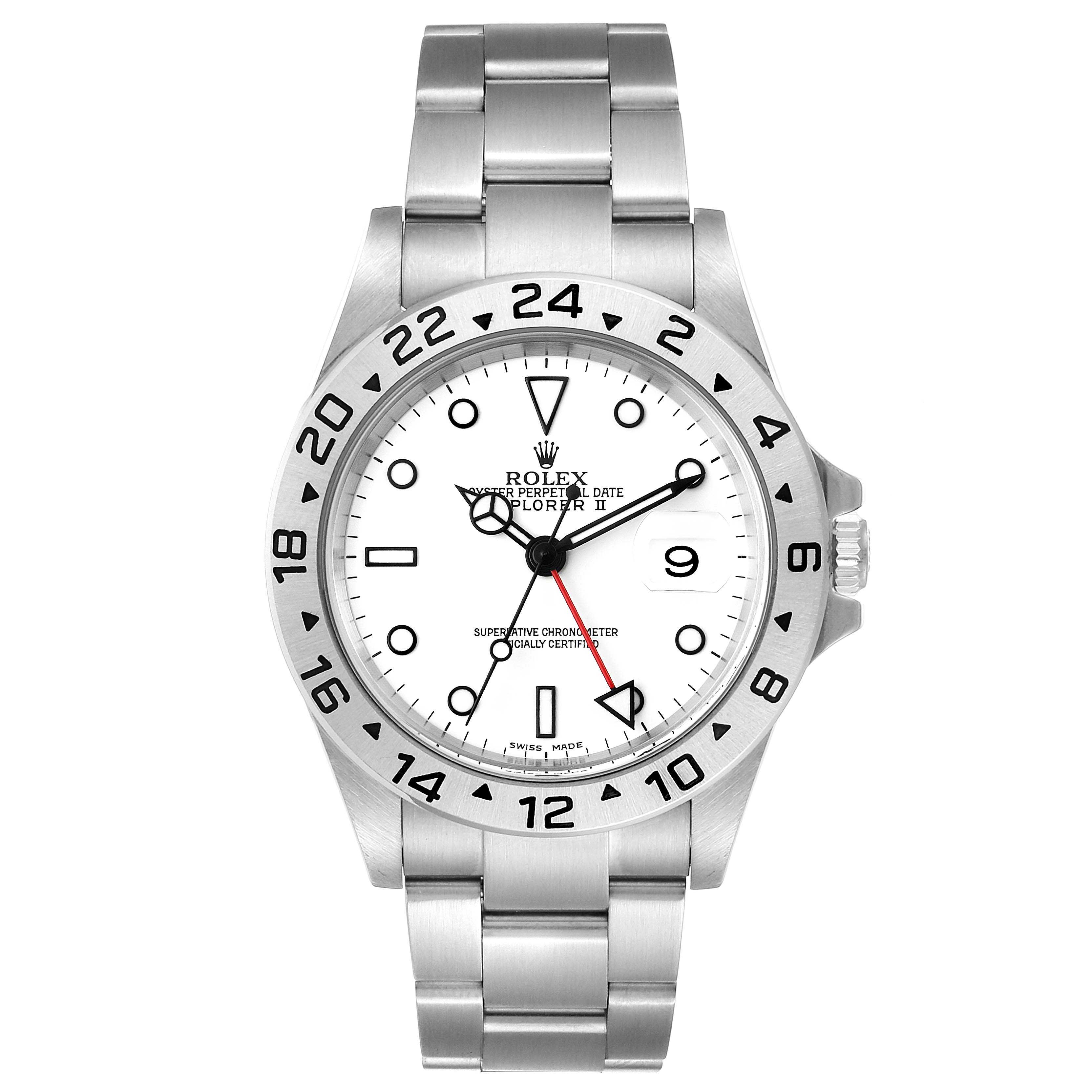 This image shows a front view of a Rolex Explorer 16570 Men
s Stainless Steel White Dial 16570 Men
s Stainless Steel White Dial watch, highlighting its dial, bezel, and bracelet.