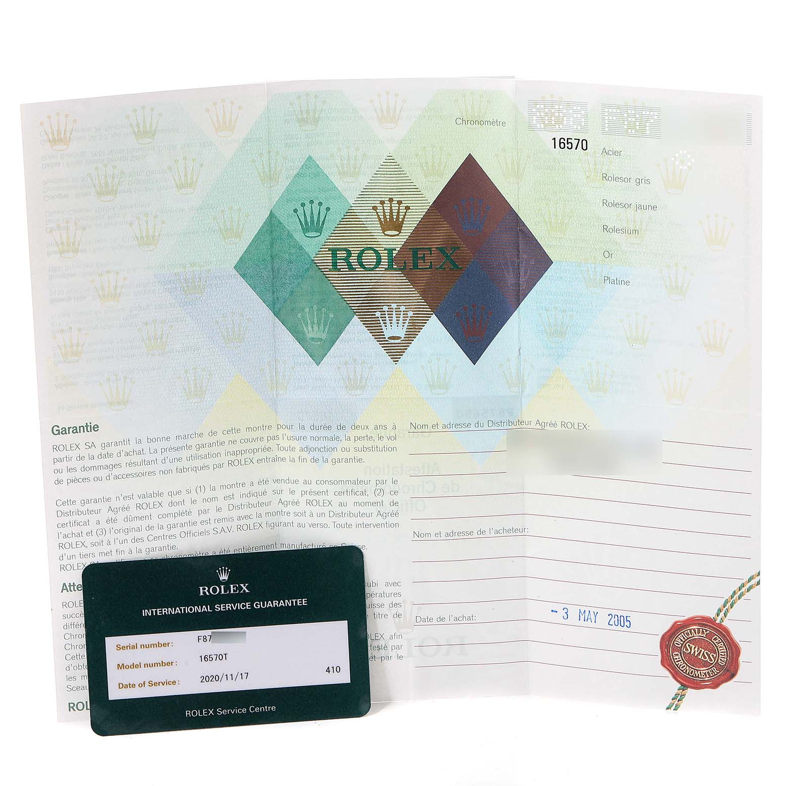 The image shows warranty documents and an international service guarantee card for a Rolex Explorer 16570 Men
s Stainless Steel White Dial 16570 Men
s Stainless Steel White Dial model watch (16570).