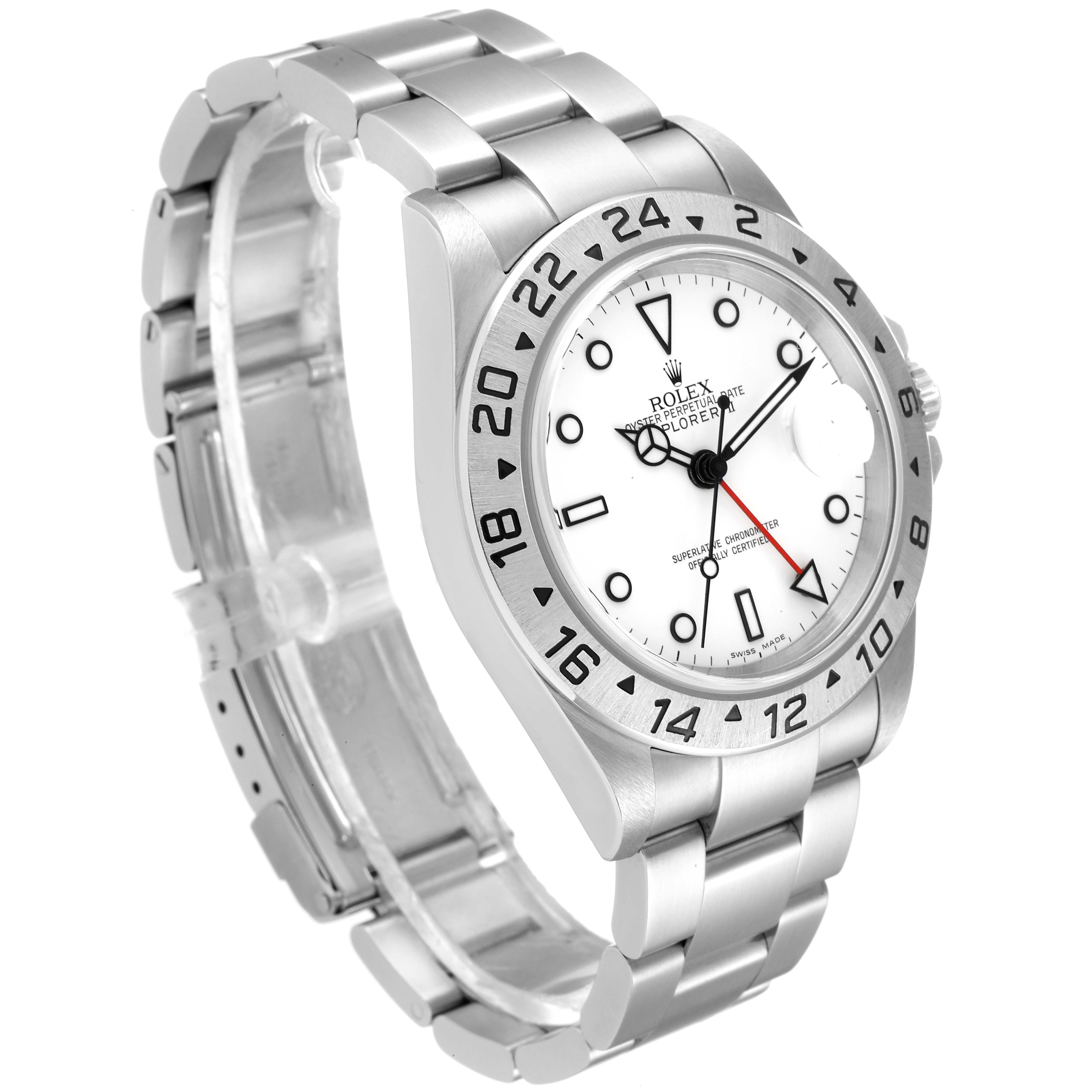 The image shows a side angle of the Rolex Explorer 16570 Men's Stainless Steel White Dial 16570 Men's Stainless Steel White Dial watch, highlighting its metal bracelet, bezel, and white dial face.