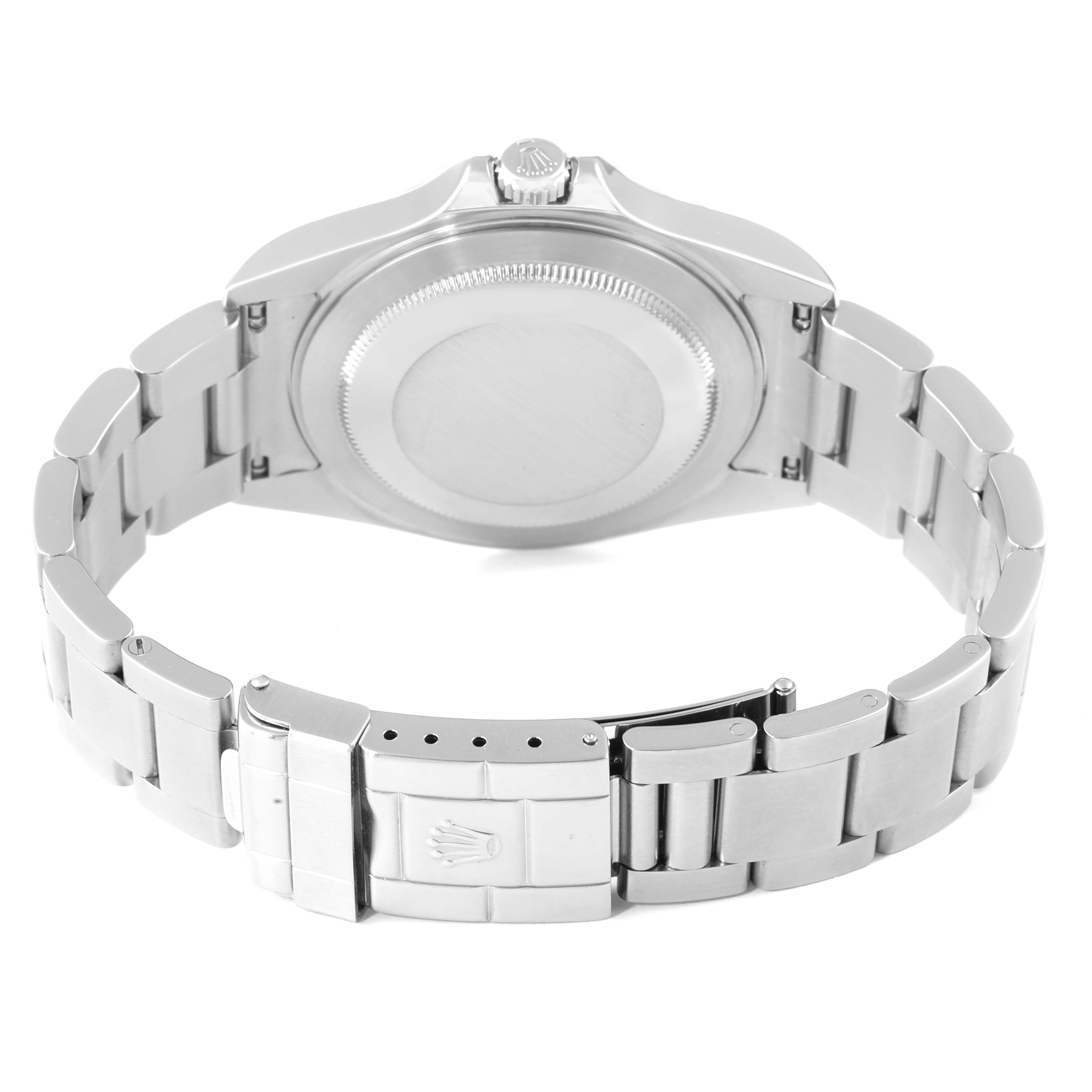 The image shows the back view of a Rolex Explorer 16570 Men's Stainless Steel White Dial 16570 Men's Stainless Steel White Dial watch, highlighting its stainless steel case, bracelet, and clasp.