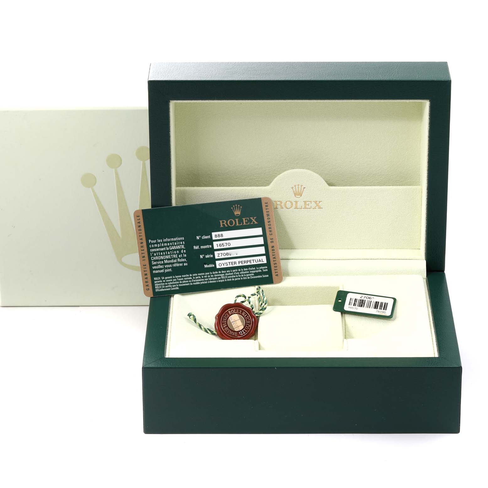 The image shows the packaging, warranty card, and a tag for the Rolex Explorer 16570 Men's Stainless Steel White Dial 16570 Men's Stainless Steel White Dial model, with the watch box partially open.
