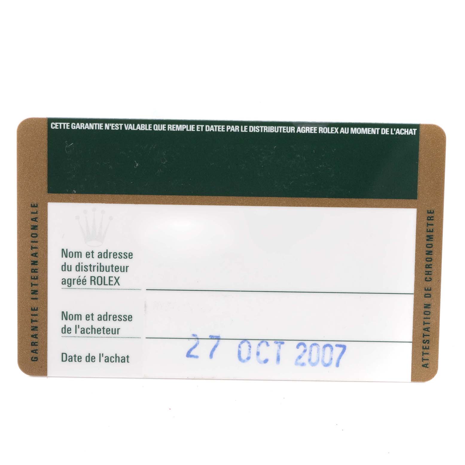 This is a guarantee card for the Rolex Explorer 16570 Men's Stainless Steel White Dial 16570 Men's Stainless Steel White Dial, with sections for distributor and buyer information, and purchase date stamped "27 OCT 2007".