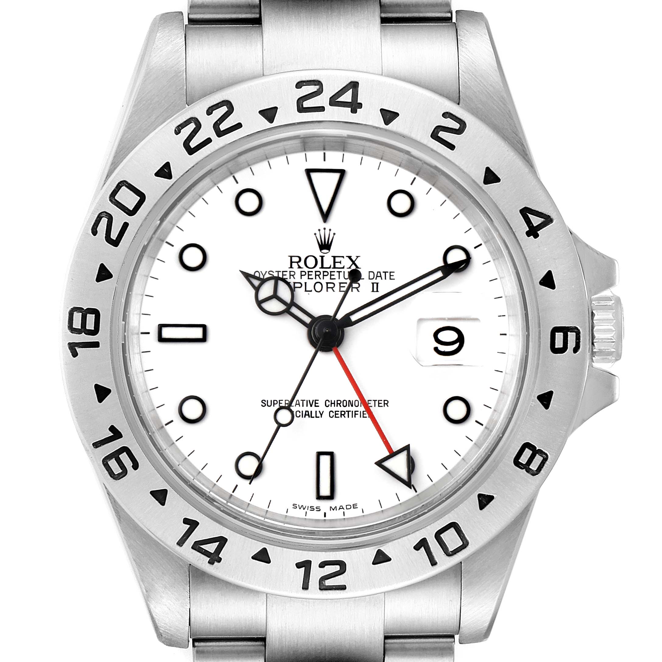 The image shows a front view of the Rolex Explorer 16570 Men's Stainless Steel White Dial 16570 Men's Stainless Steel White Dial watch, featuring its white dial, bezel with 24-hour markings, and stainless steel bracelet.