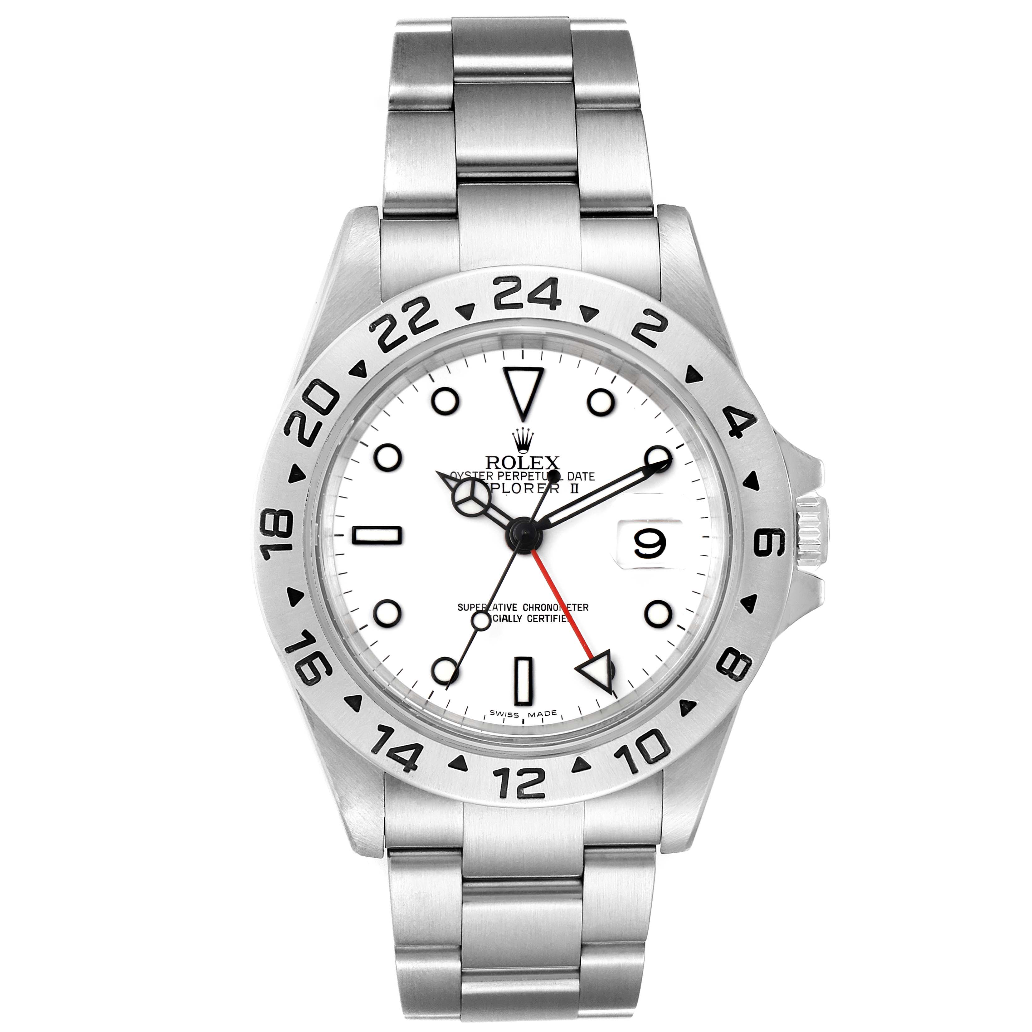 This Rolex Explorer 16570 Men's Stainless Steel White Dial 16570 Men's Stainless Steel White Dial watch is shown from a front angle, displaying the bezel, dial, bracelet, and crown.