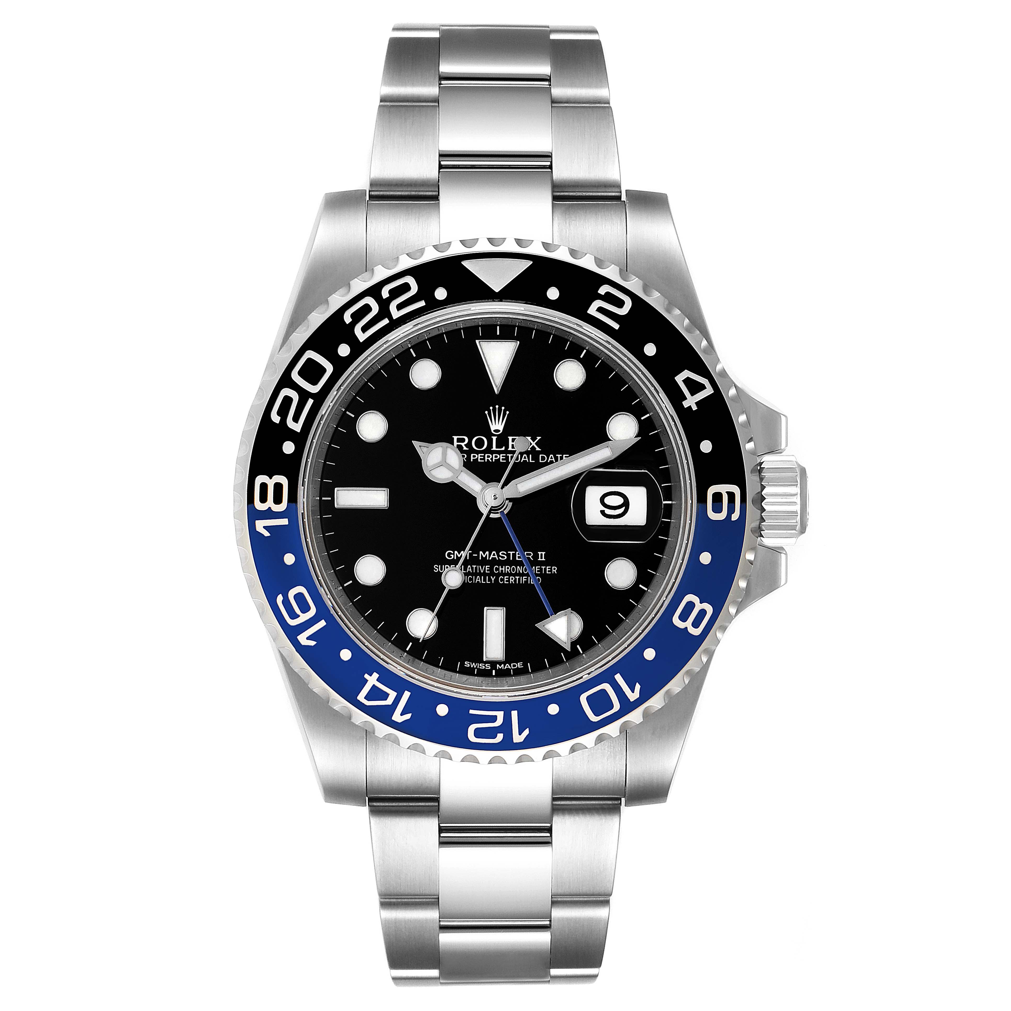 The image shows a front view of a Rolex GMT-Master 116710 Men's Stainless Steel Black Dial 116710 Men's Stainless Steel Black Dial II watch featuring a black and blue bezel, black dial, and stainless steel bracelet.