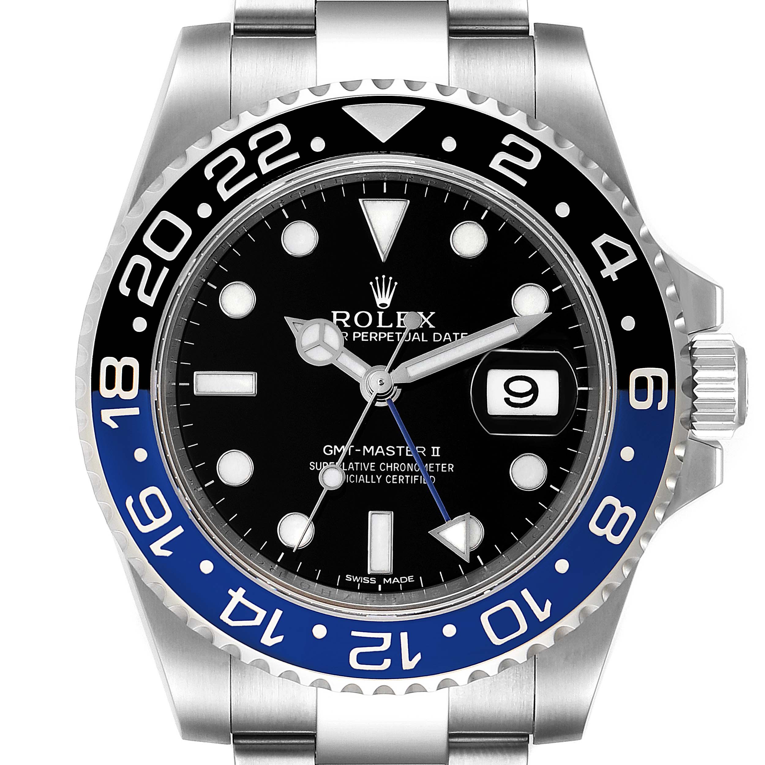 The image shows a front view of a Rolex GMT-Master 116710 Men's Stainless Steel Black Dial 116710 Men's Stainless Steel Black Dial II watch, highlighting the dial, bezel, crown, and bracelet.