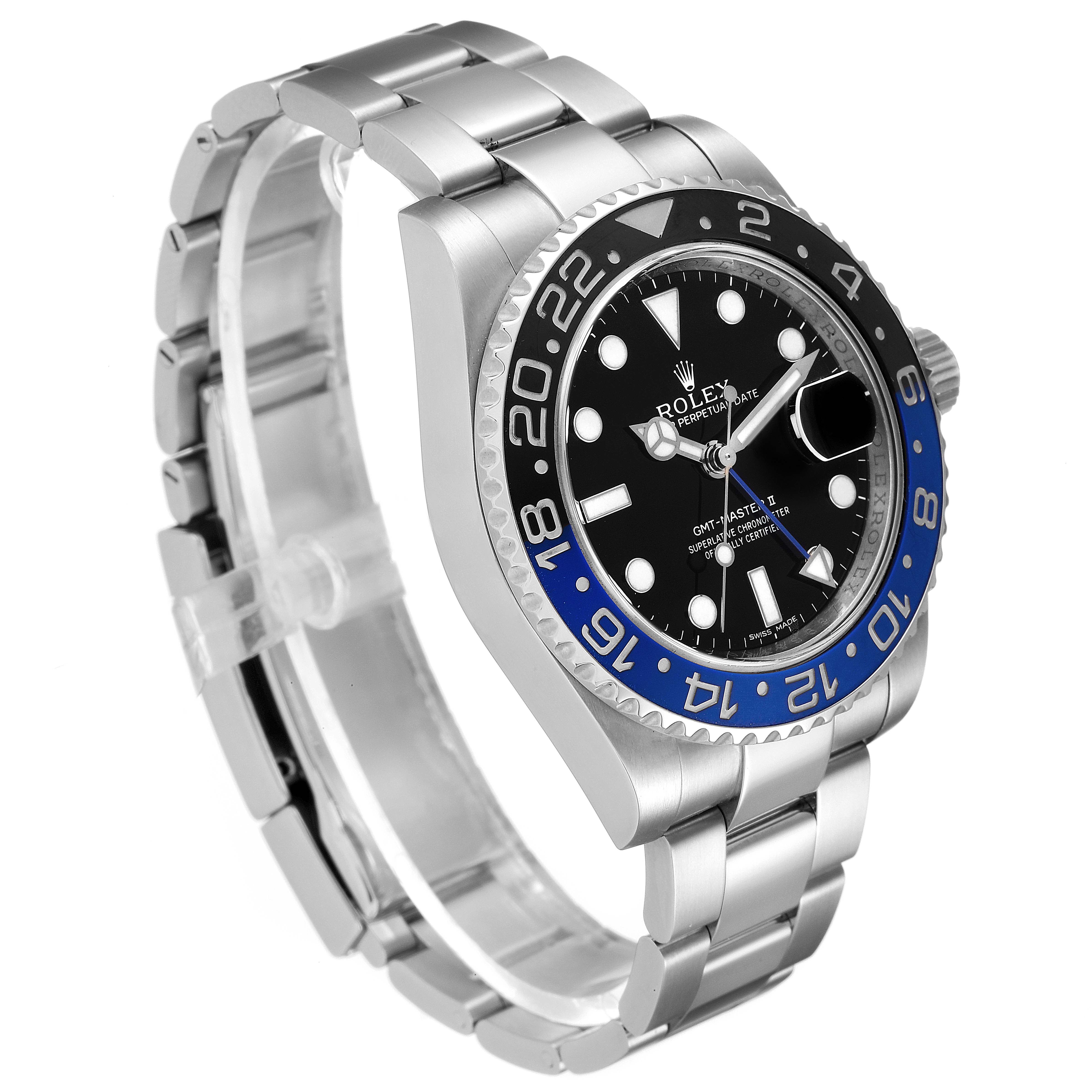 This image shows a Rolex GMT-Master 116710 Men's Stainless Steel Black Dial 116710 Men's Stainless Steel Black Dial watch at a three-quarter angle, highlighting the face, bezel, crown, and bracelet.