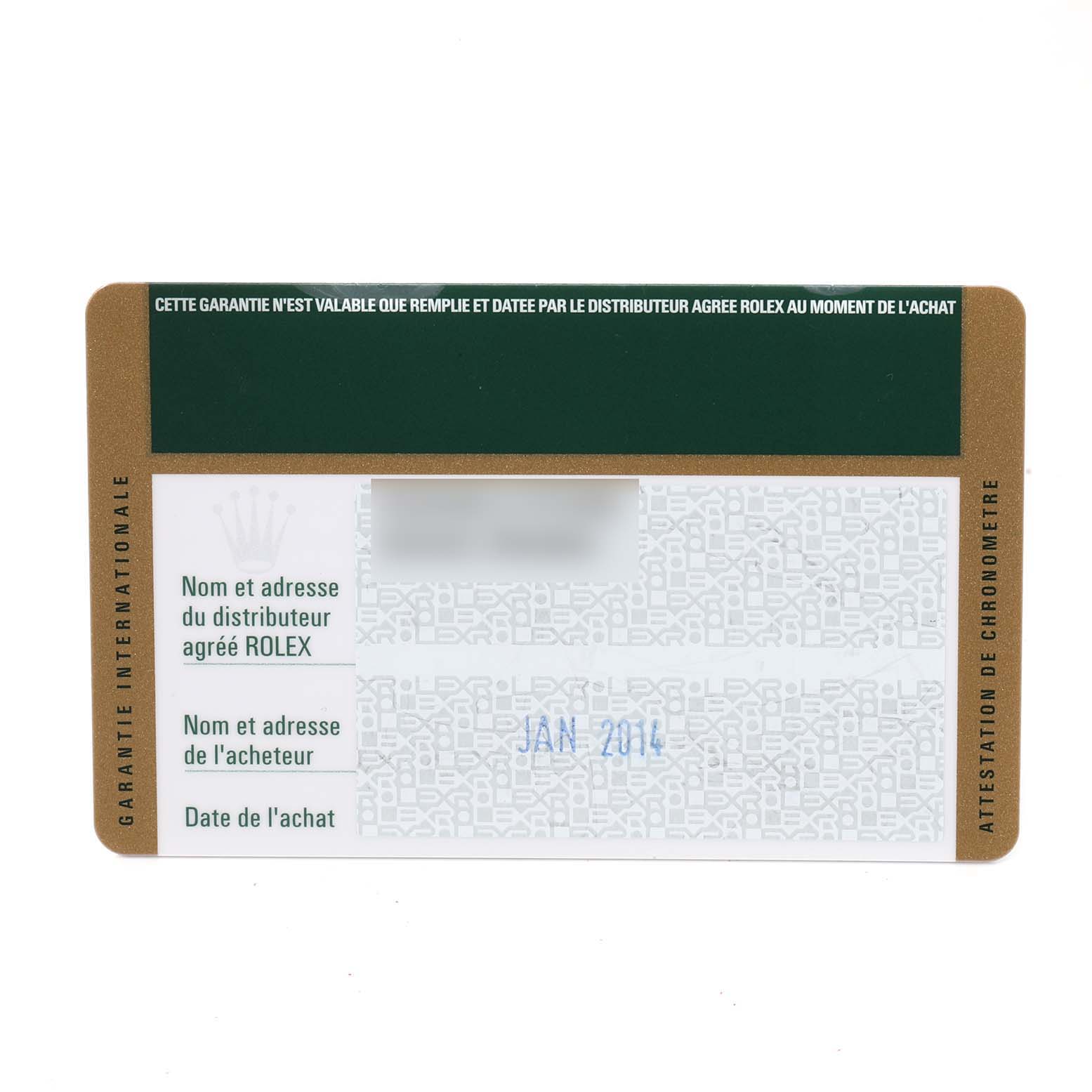 The image shows an international warranty card for the Rolex GMT-Master 116710 Men's Stainless Steel Black Dial 116710 Men's Stainless Steel Black Dial model.