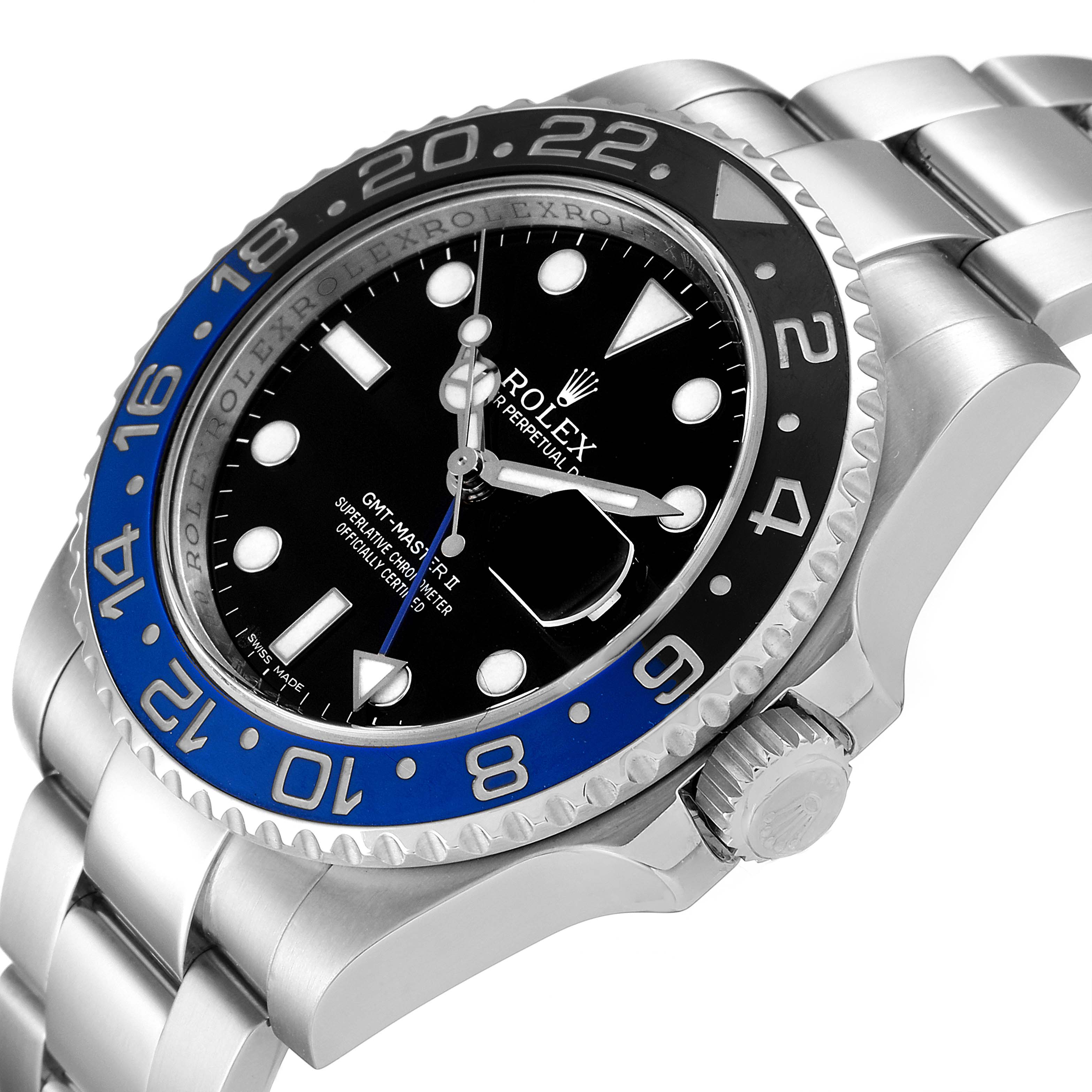 The image shows a Rolex GMT-Master 116710 Men's Stainless Steel Black Dial 116710 Men's Stainless Steel Black Dial II watch at an angle highlighting its bezel, crown, and part of the bracelet.
