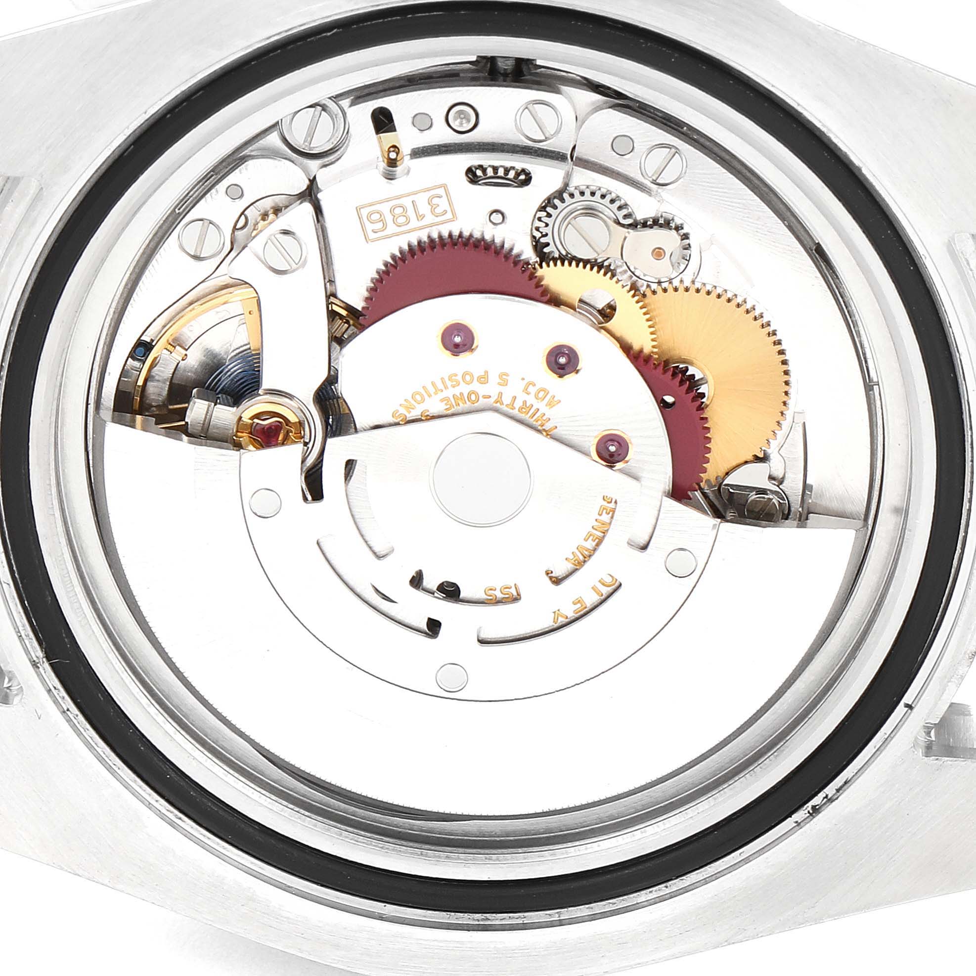 The image shows the internal mechanical movement of a Rolex GMT-Master 116710 Men
s Stainless Steel Black Dial 116710 Men
s Stainless Steel Black Dial watch from a top-down angle.
