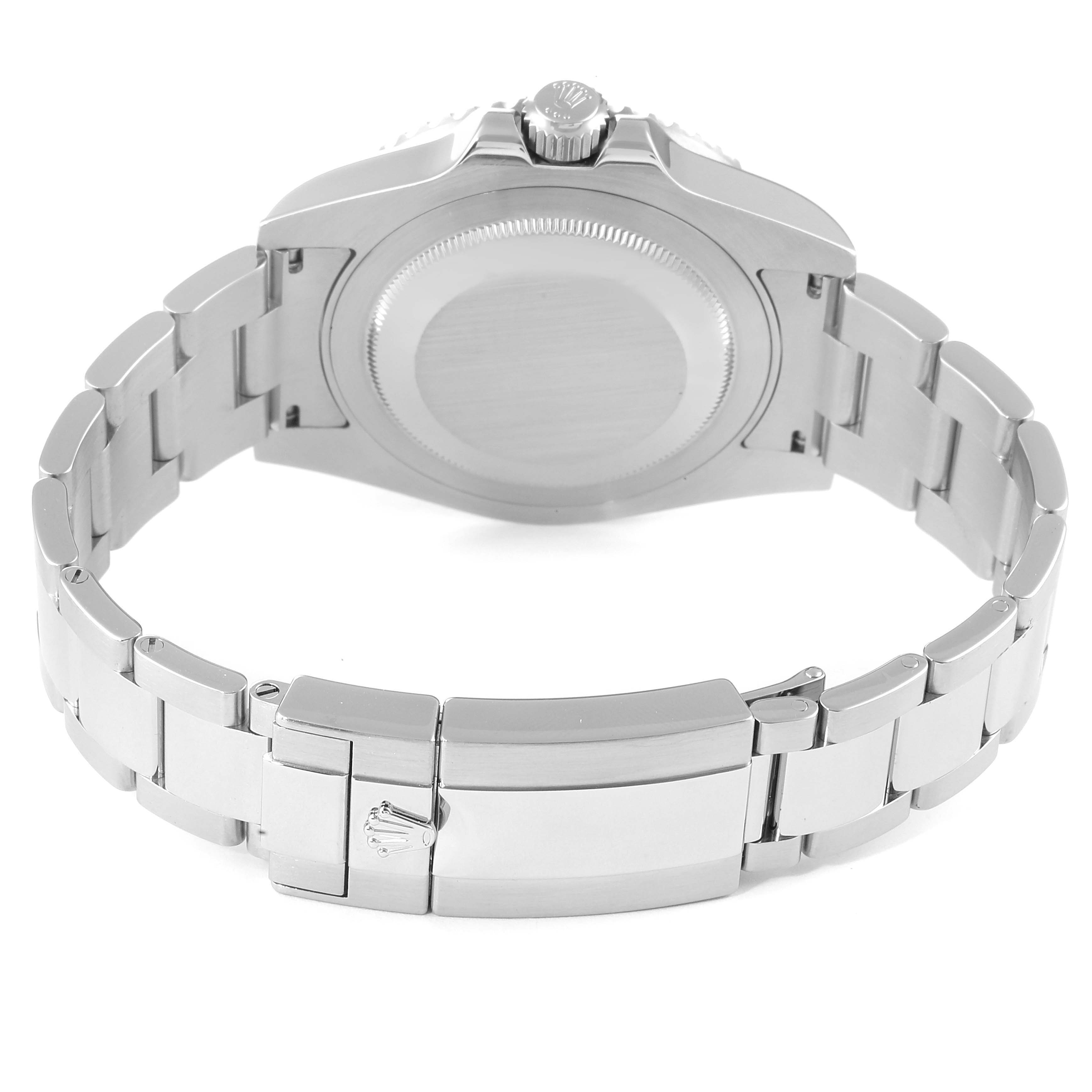 This image shows the backside and clasp of a Rolex GMT-Master 116710 Men
s Stainless Steel Black Dial 116710 Men
s Stainless Steel Black Dial watch, highlighting the case back and the bracelet with its clasp.