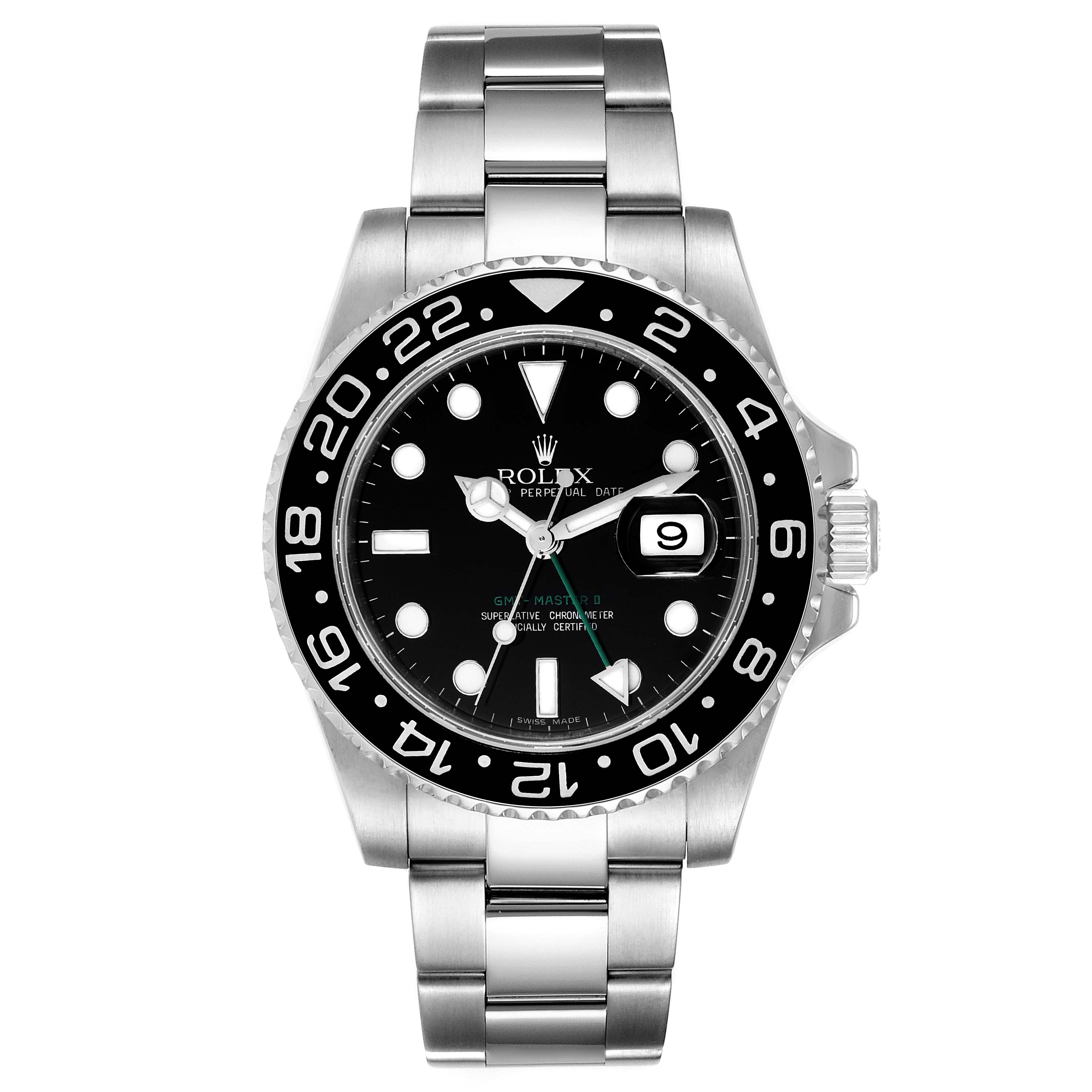 This Rolex GMT-Master 116710 Men
s Stainless Steel Black Dial 116710 Men
s Stainless Steel Black Dial watch is shown from a front angle highlighting its bezel, dial, bracelet, and date magnifier.