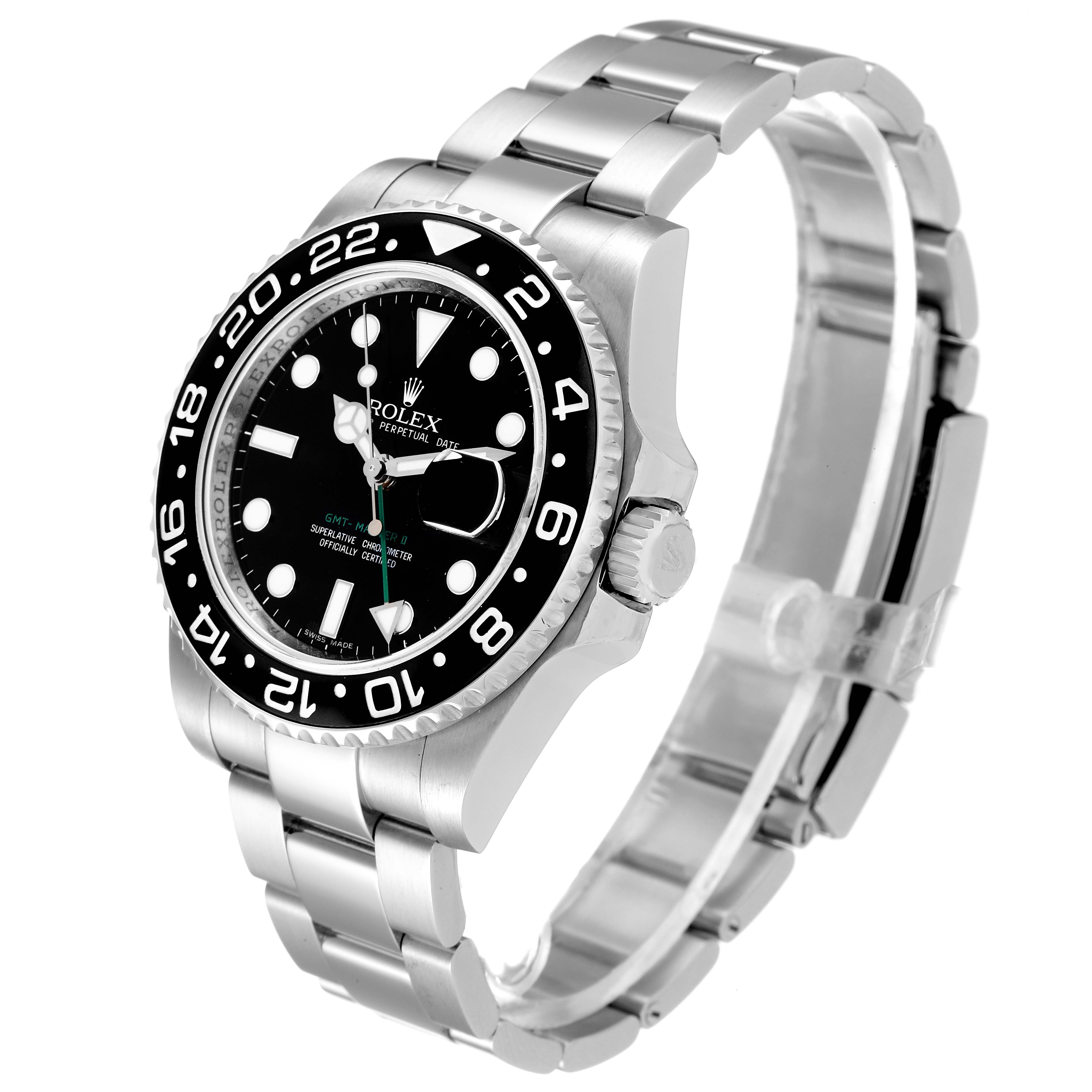 This image shows a Rolex GMT-Master 116710 Men
s Stainless Steel Black Dial 116710 Men
s Stainless Steel Black Dial watch at an angled top view, highlighting its bezel, dial, crown, and bracelet.