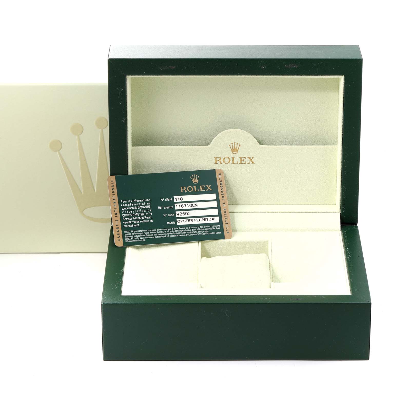 The image shows the box and paperwork for a Rolex GMT-Master 116710 Men
s Stainless Steel Black Dial 116710 Men
s Stainless Steel Black Dial, model 116710LN.