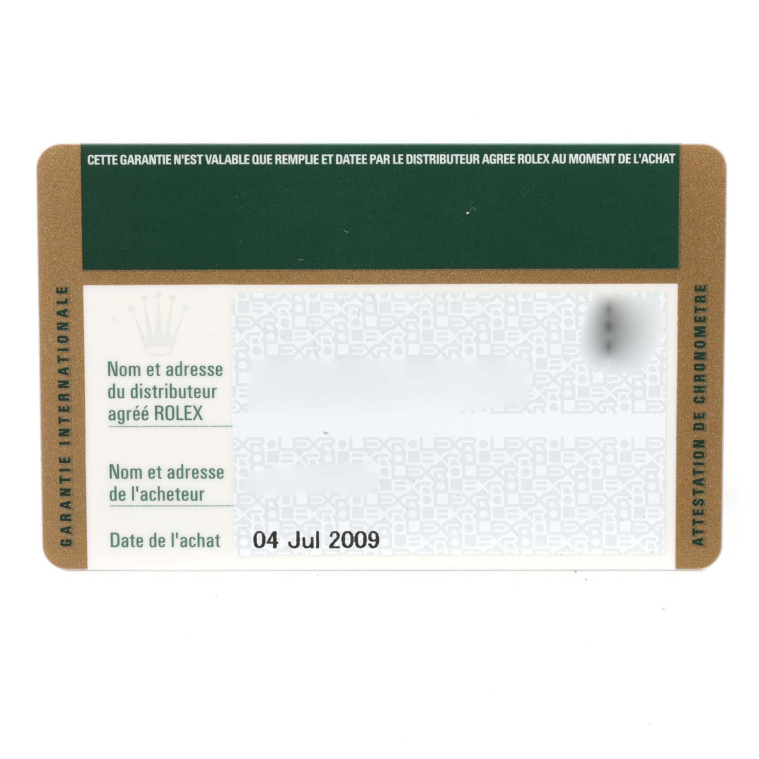 This is an image of the international warranty card for a Rolex GMT-Master 116710 Men
s Stainless Steel Black Dial 116710 Men
s Stainless Steel Black Dial, dated 04 Jul 2009.