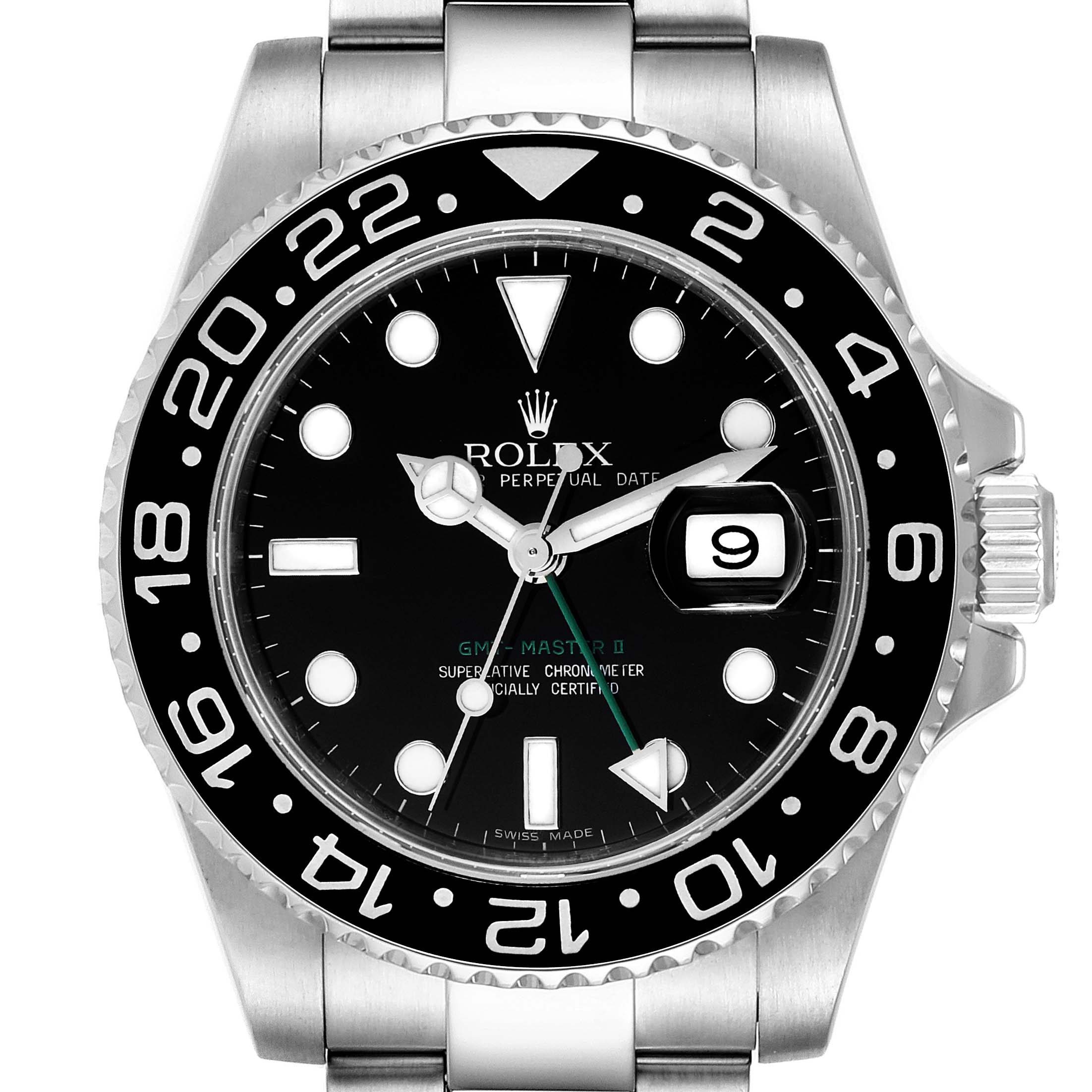 The image shows a front view of a Rolex GMT-Master 116710 Men
s Stainless Steel Black Dial 116710 Men
s Stainless Steel Black Dial watch, highlighting its face, bezel, and bracelet.