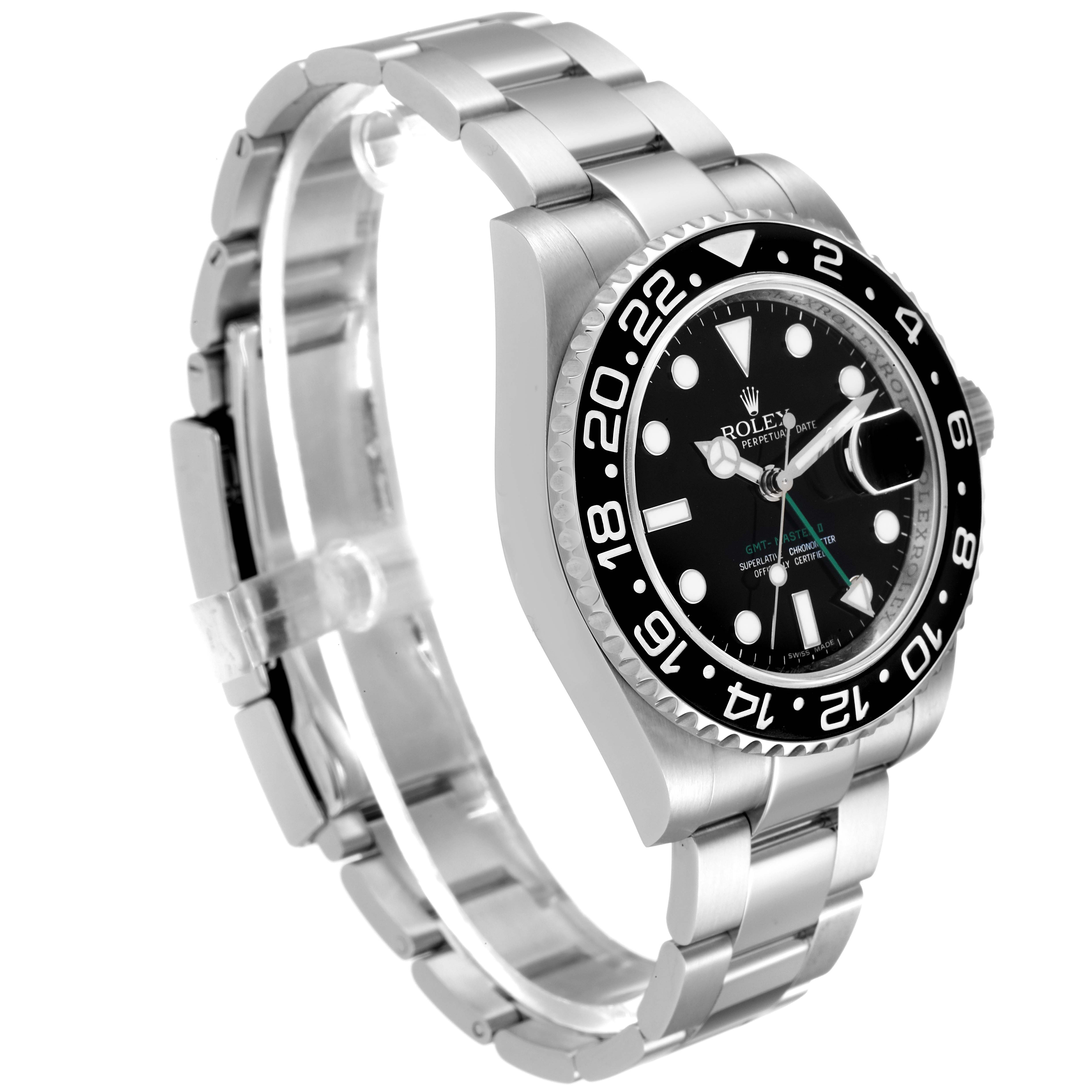 The image shows a Rolex GMT-Master 116710 Men
s Stainless Steel Black Dial 116710 Men
s Stainless Steel Black Dial watch from a side angle, highlighting its stainless steel band, bezel, and dial.