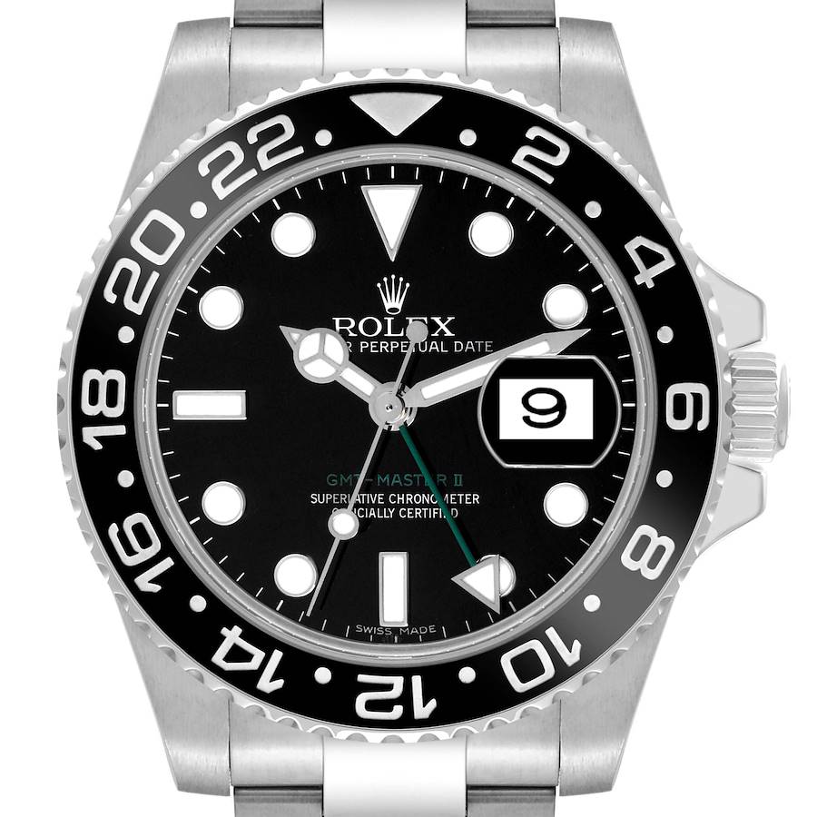 The image shows a front view of a Rolex GMT-Master II watch, highlighting the bezel, dial, and date window.