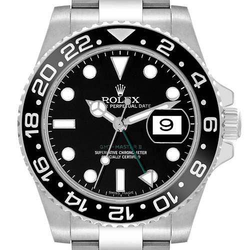 The Rolex GMT-Master watch is shown from the front, highlighting the dial, bezel, and part of the bracelet.