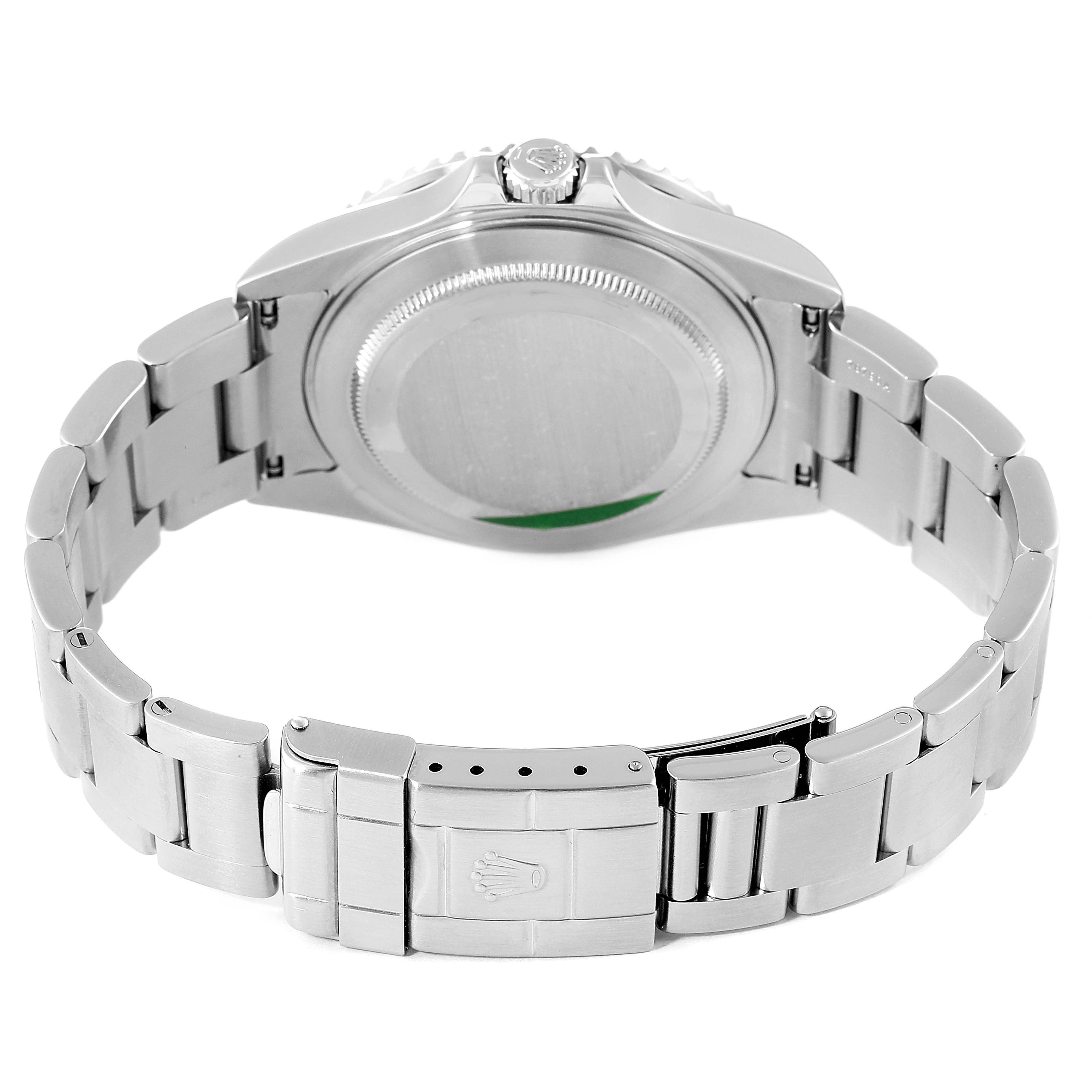 The image shows the back view of the Rolex GMT-Master 16710 Men
s Stainless Steel Black Dial 16710 Men
s Stainless Steel Black Dial watch, highlighting its case back and bracelet.