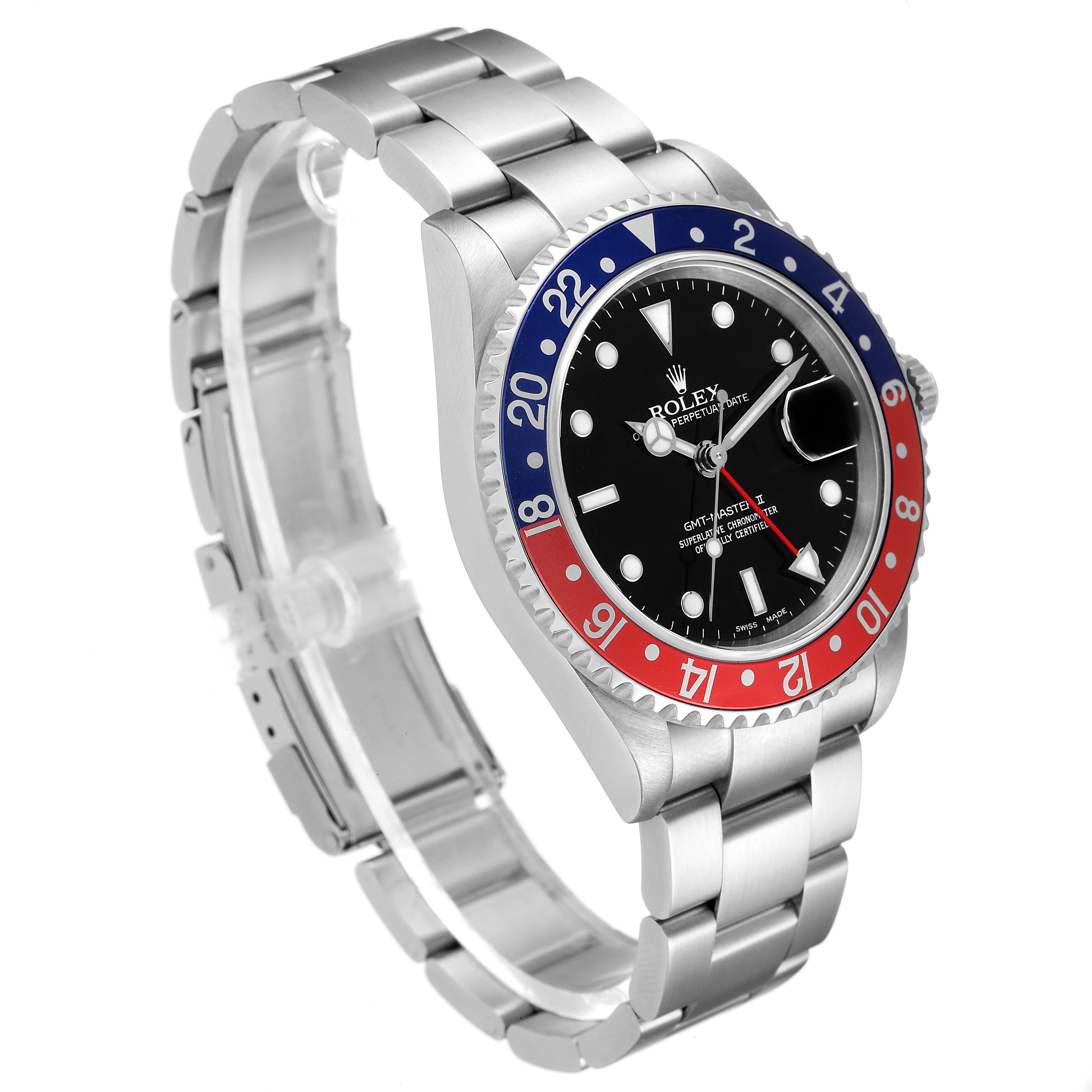 The Rolex GMT-Master 16710 Men
s Stainless Steel Black Dial 16710 Men
s Stainless Steel Black Dial watch is shown at an angle with a clear view of the bezel, dial, and bracelet.