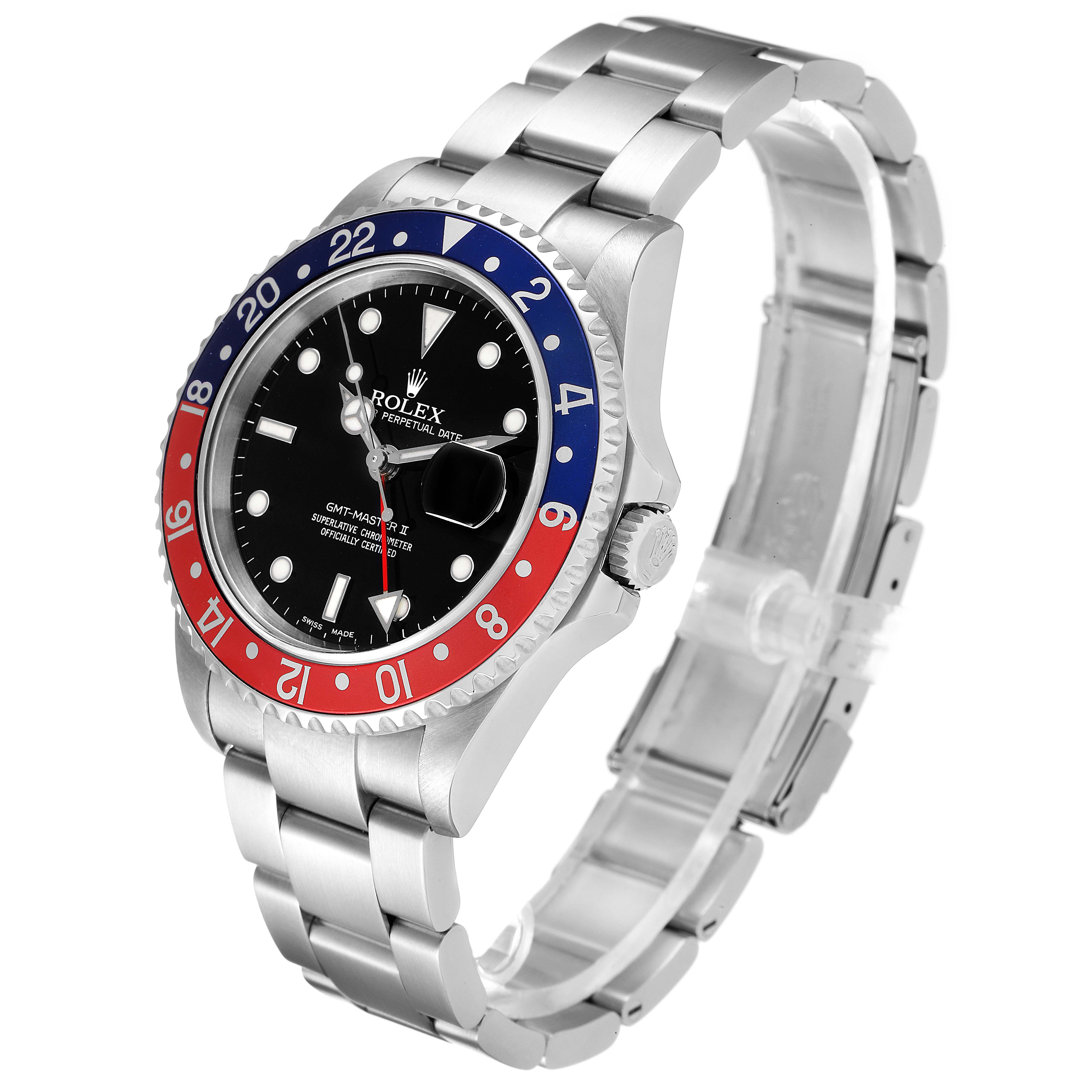 This image shows a Rolex GMT-Master 16710 Men
s Stainless Steel Black Dial 16710 Men
s Stainless Steel Black Dial II watch at a three-quarter angle, highlighting its bezel, dial, and bracelet.