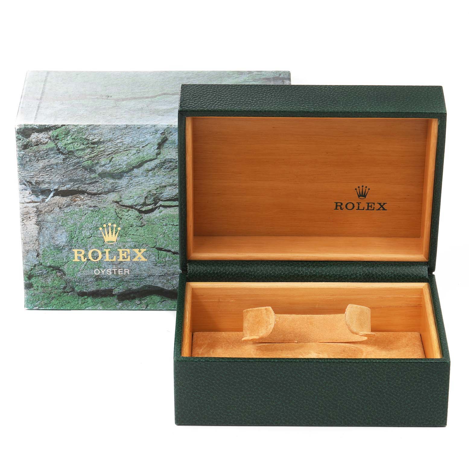 The image shows an empty Rolex GMT-Master 16710 Men
s Stainless Steel Black Dial 16710 Men
s Stainless Steel Black Dial watch box with the box lid open, displaying the interior.