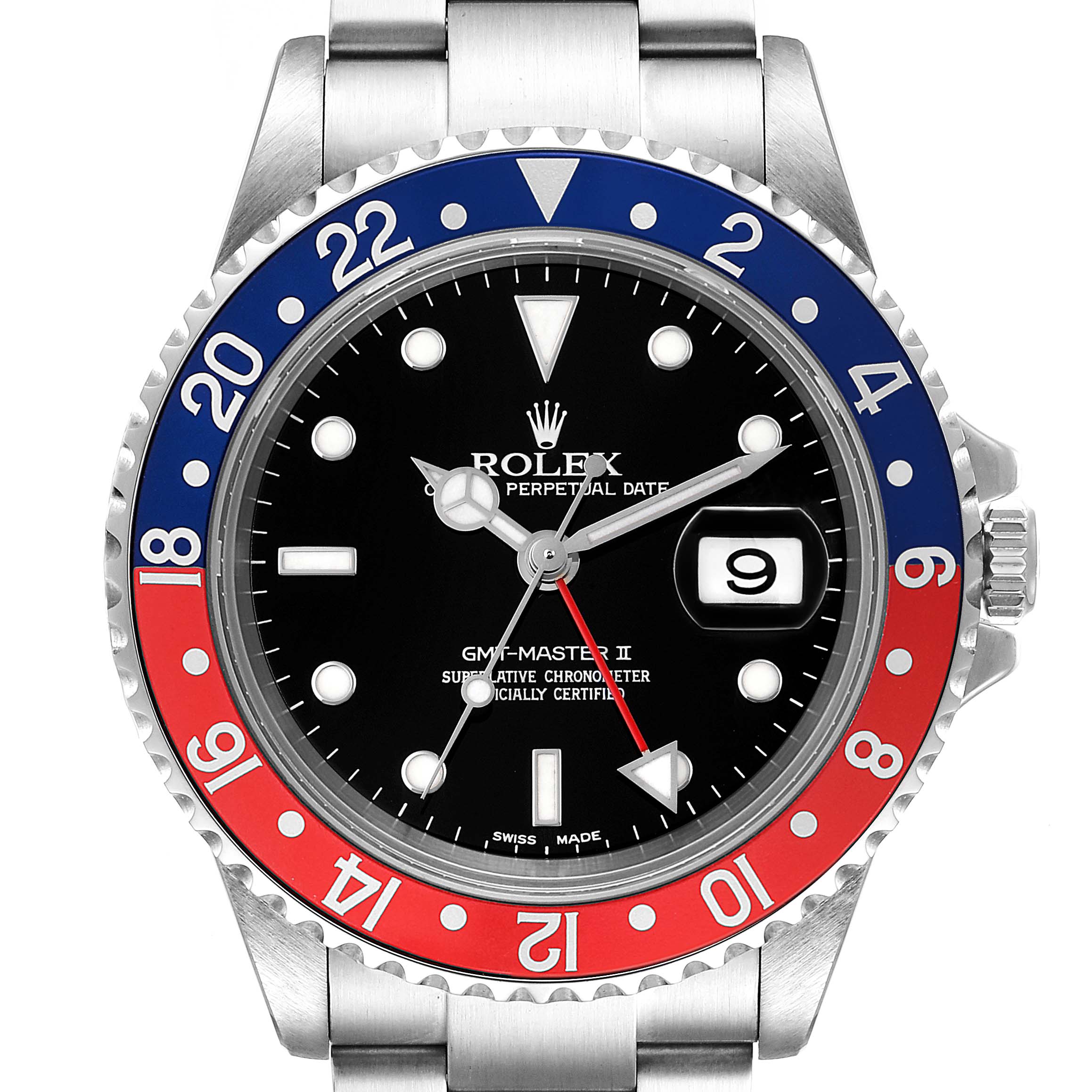The image shows a Rolex GMT-Master 16710 Men
s Stainless Steel Black Dial 16710 Men
s Stainless Steel Black Dial II watch from a front angle, displaying its bezel, face, hands, and part of the bracelet.