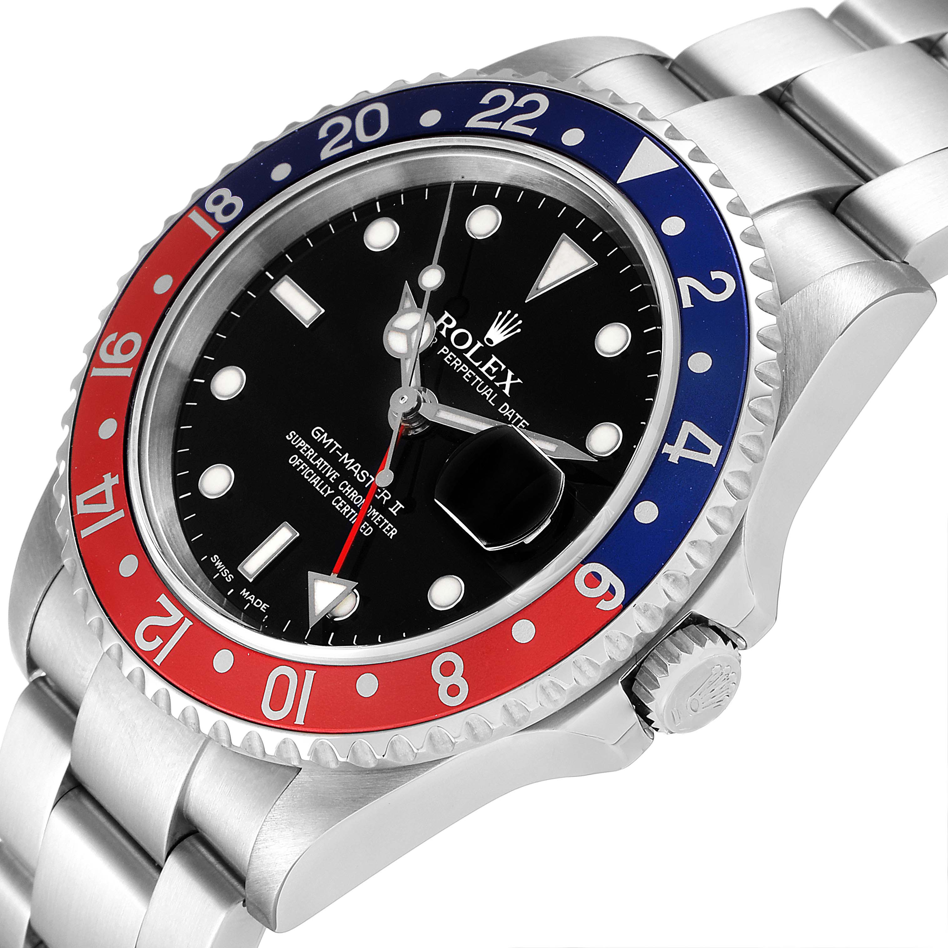 The image shows a Rolex GMT-Master 16710 Men
s Stainless Steel Black Dial 16710 Men
s Stainless Steel Black Dial watch at a slight side angle, highlighting the dial, bezel, crown, and part of the bracelet.