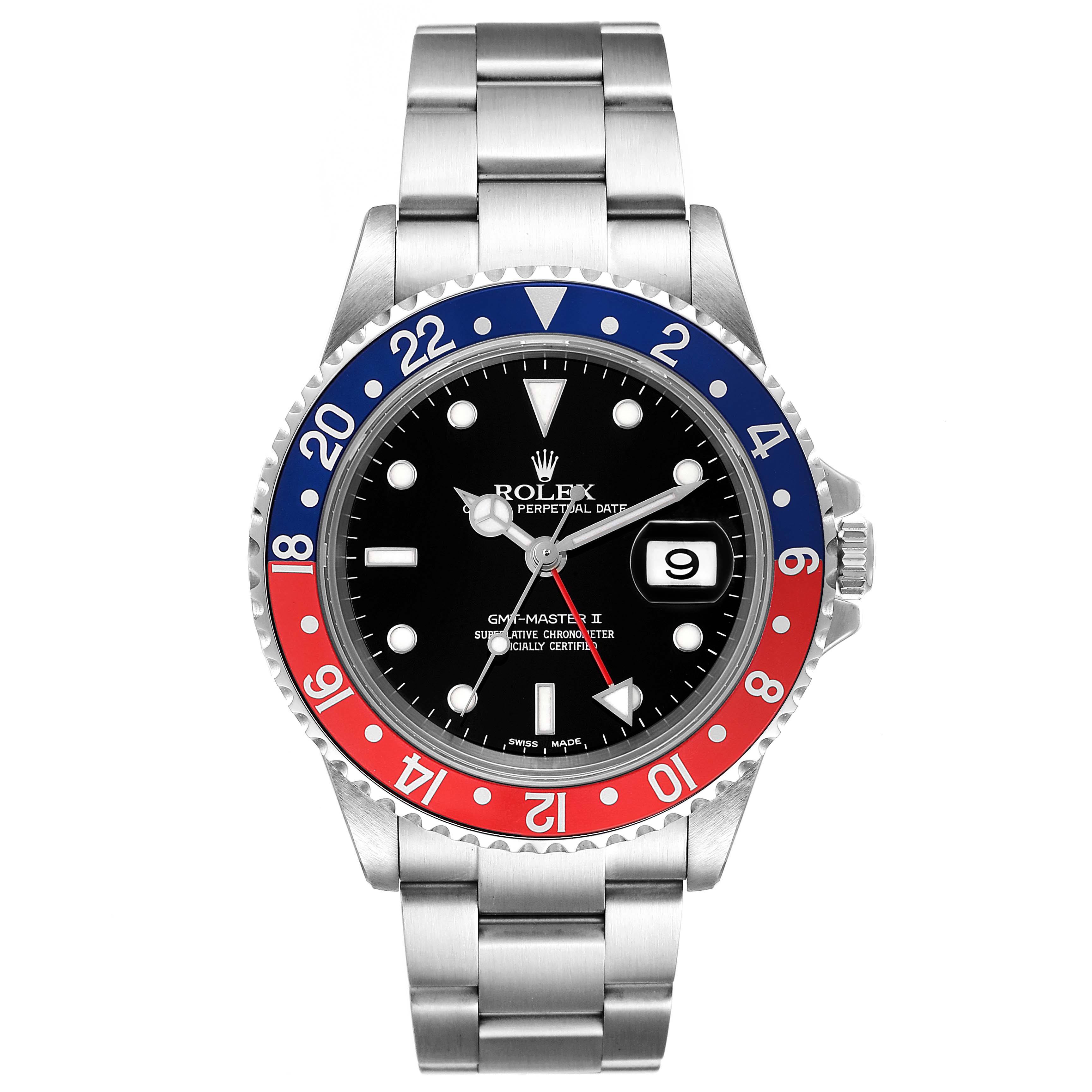 The image shows a front view of a Rolex GMT-Master 16710 Men
s Stainless Steel Black Dial 16710 Men
s Stainless Steel Black Dial II watch, highlighting its bezel, face, and stainless steel bracelet.
