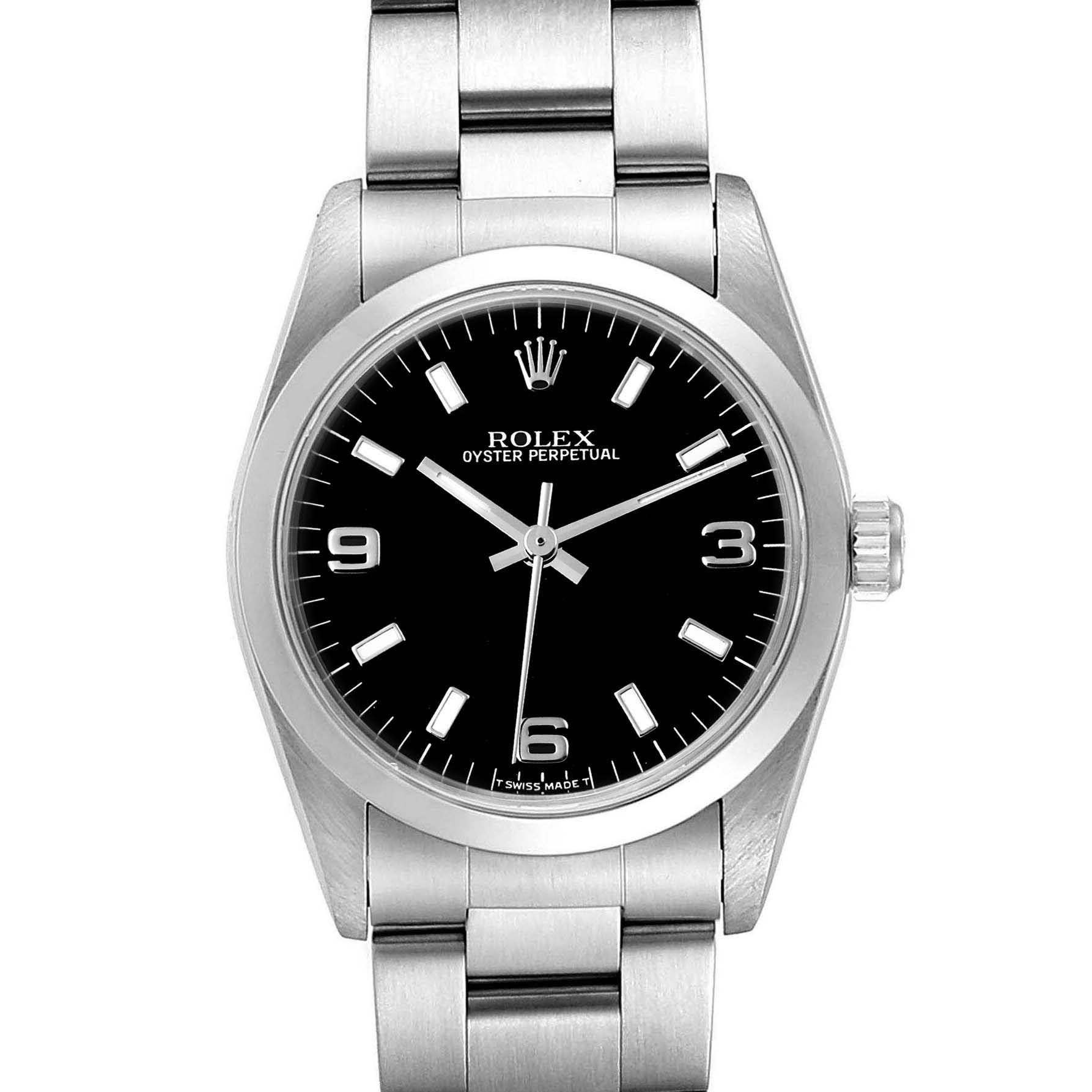 This image shows the front view of a Rolex Mid-Size 67480 Women's Stainless Steel Black Dial 67480 Women's Stainless Steel Black Dial Oyster Perpetual watch, highlighting the dial, hands, bezel, and bracelet.