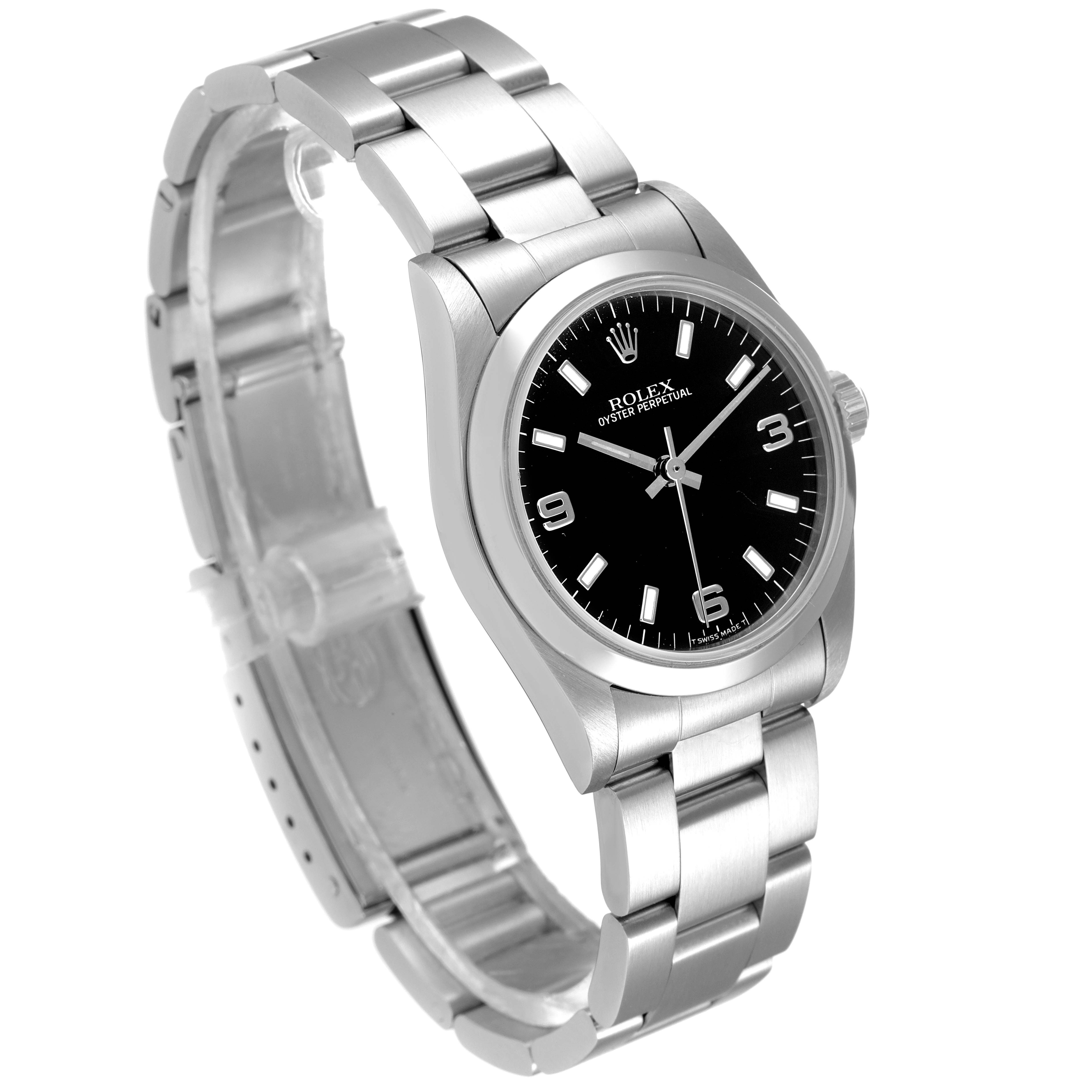 The image shows a Rolex Mid-Size 67480 Women's Stainless Steel Black Dial 67480 Women's Stainless Steel Black Dial model watch angled from the front-left, displaying the dial, bezel, case, and bracelet.