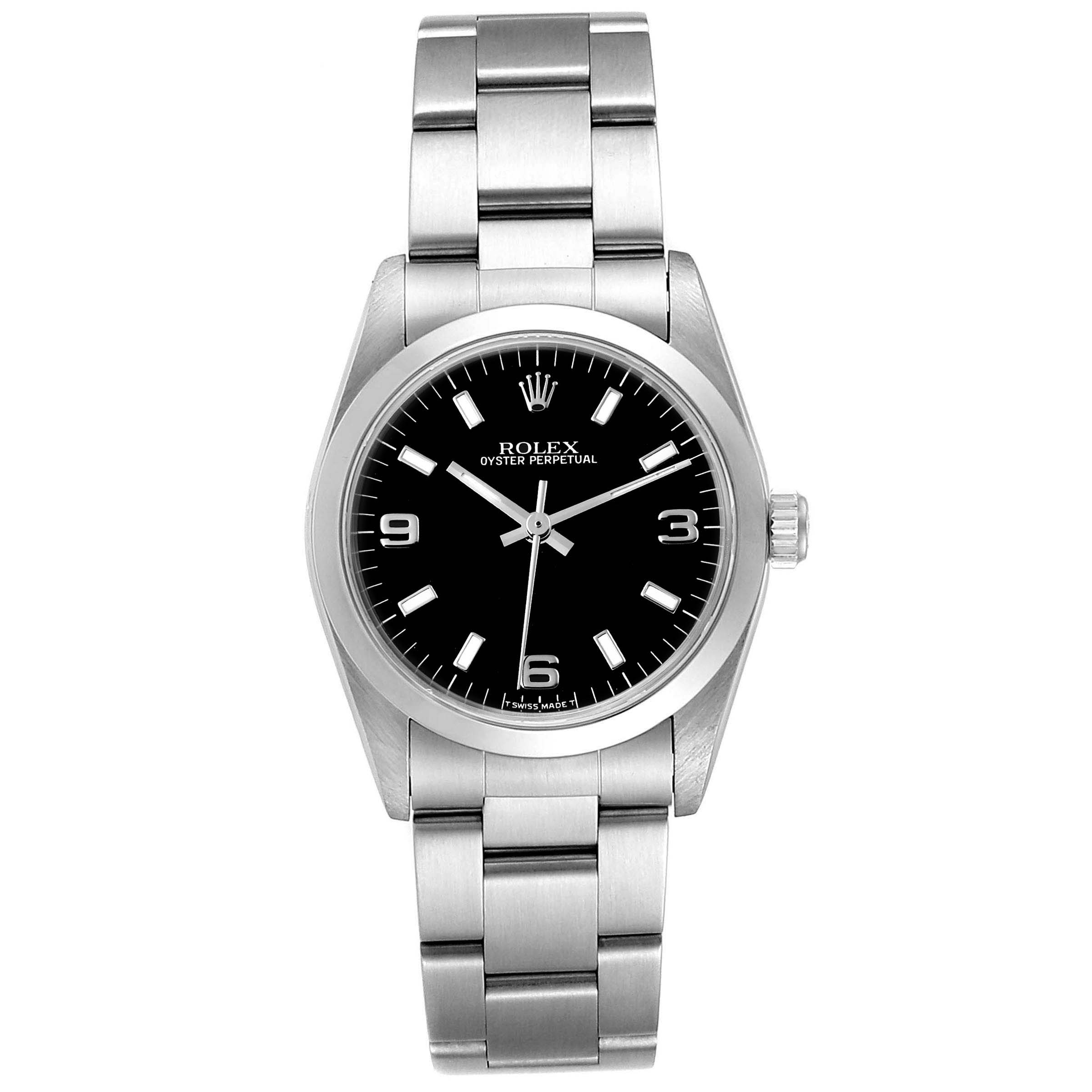 The image shows a frontal view of a Mid-Size Rolex Oyster Perpetual watch with a black dial and stainless steel bracelet.
