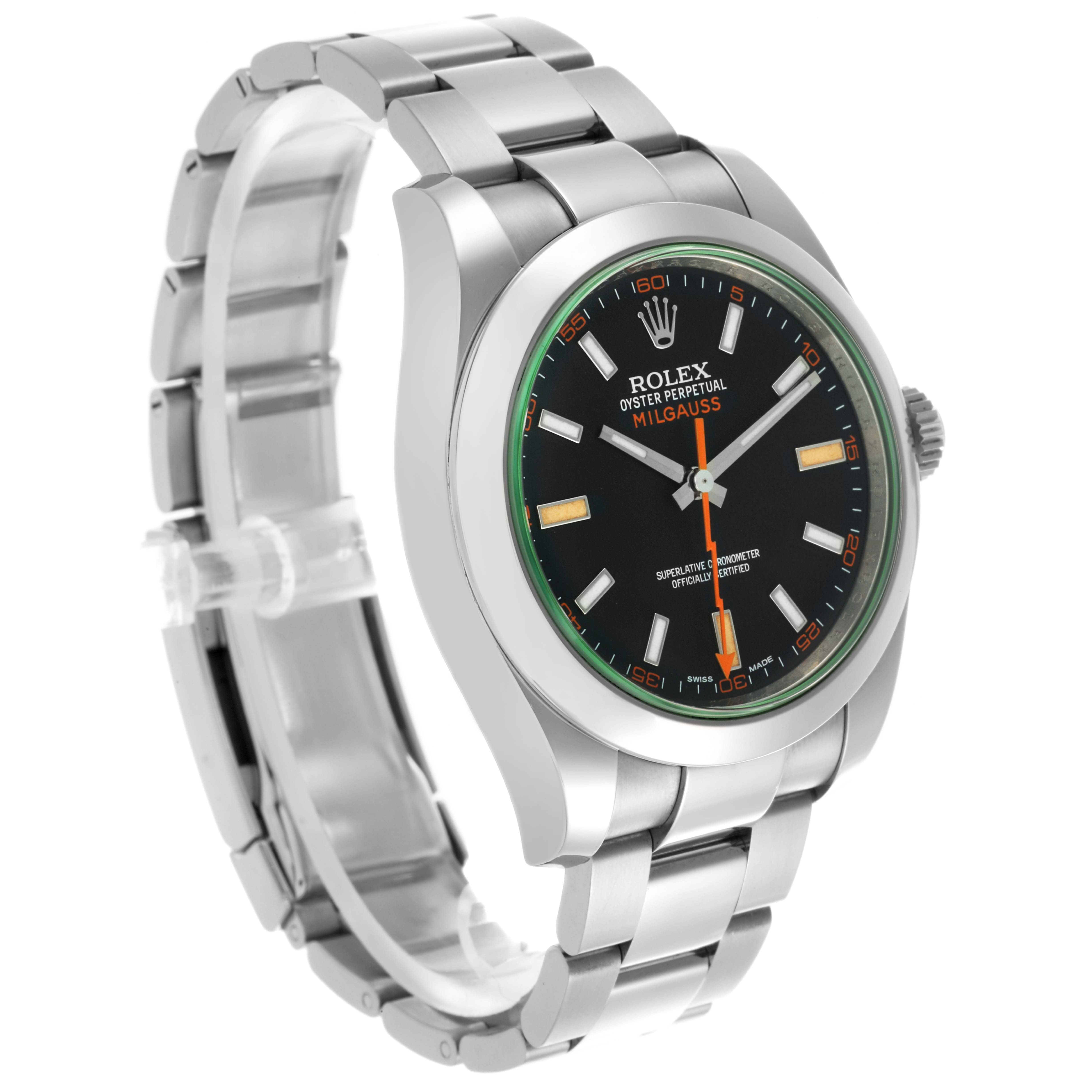 The Rolex Milgauss 116400 Men's Stainless Steel Black Dial 116400 Men's Stainless Steel Black Dial watch is shown at a three-quarter angle, highlighting its face, bezel, and stainless steel bracelet.