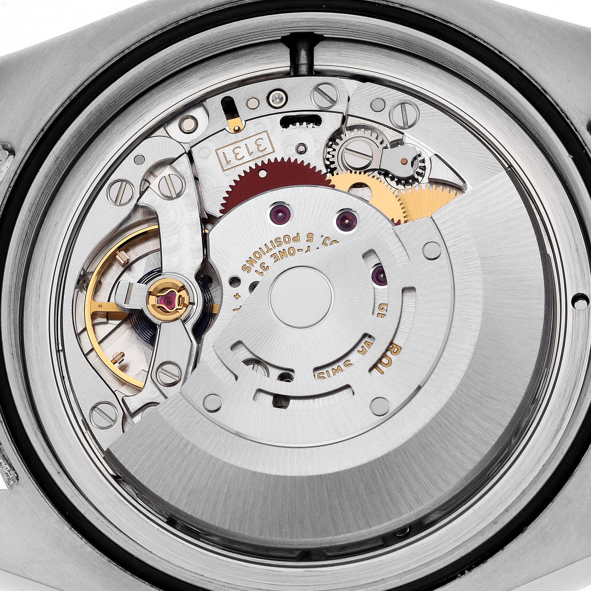 The image shows the Rolex Milgauss 116400 Men's Stainless Steel Black Dial 116400 Men's Stainless Steel Black Dial movement from the back, highlighting gears and the rotor mechanism.