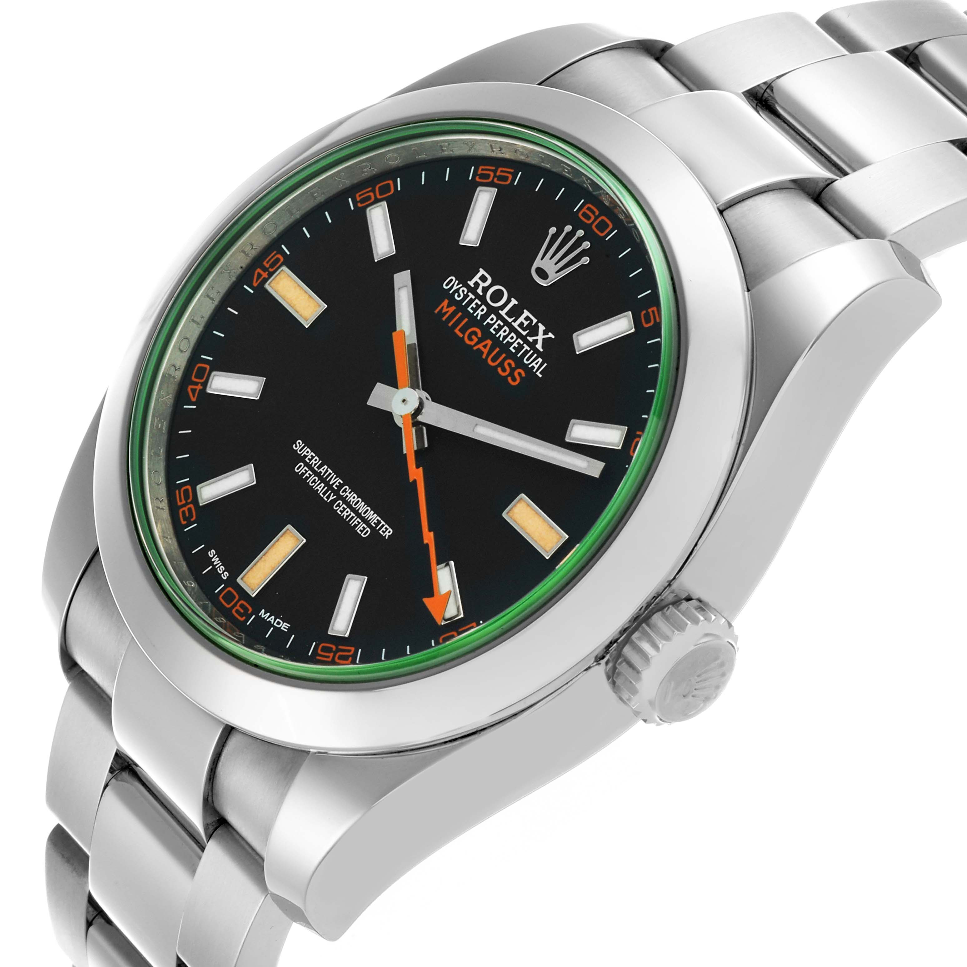 The Rolex Milgauss 116400 Men's Stainless Steel Black Dial 116400 Men's Stainless Steel Black Dial watch is shown at an angle highlighting the face, bezel, crown, and part of the bracelet.