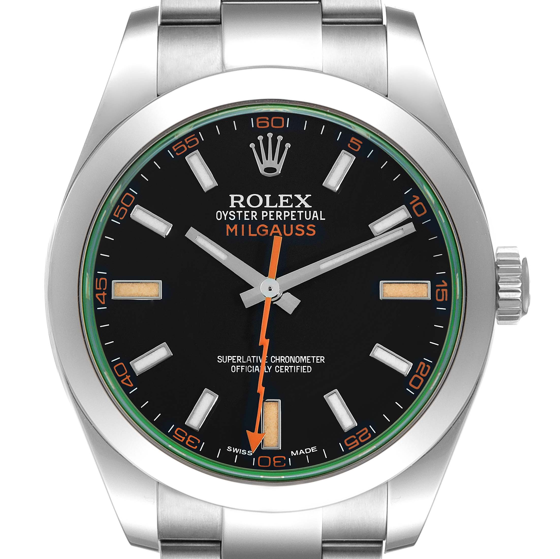 The Rolex Milgauss 116400 Men's Stainless Steel Black Dial 116400 Men's Stainless Steel Black Dial watch is shown from the front, displaying its dial, hands, and bracelet.