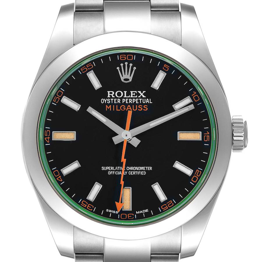 The Rolex Milgauss watch is shown from the front, displaying its dial, hands, and bracelet.