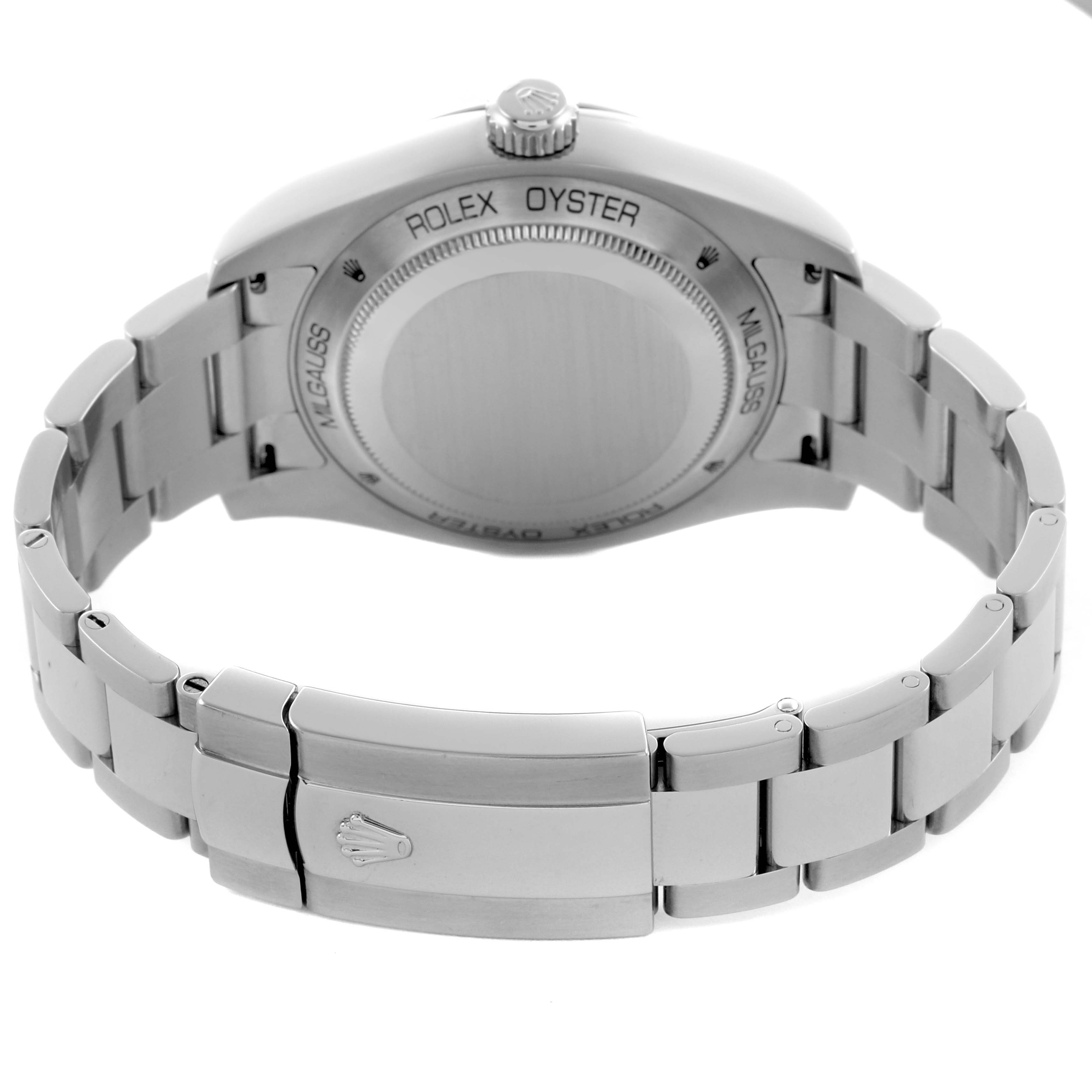 The image shows the back case and bracelet of a Rolex Milgauss 116400 Men's Stainless Steel Black Dial 116400 Men's Stainless Steel Black Dial watch, highlighting the clasp and case back.